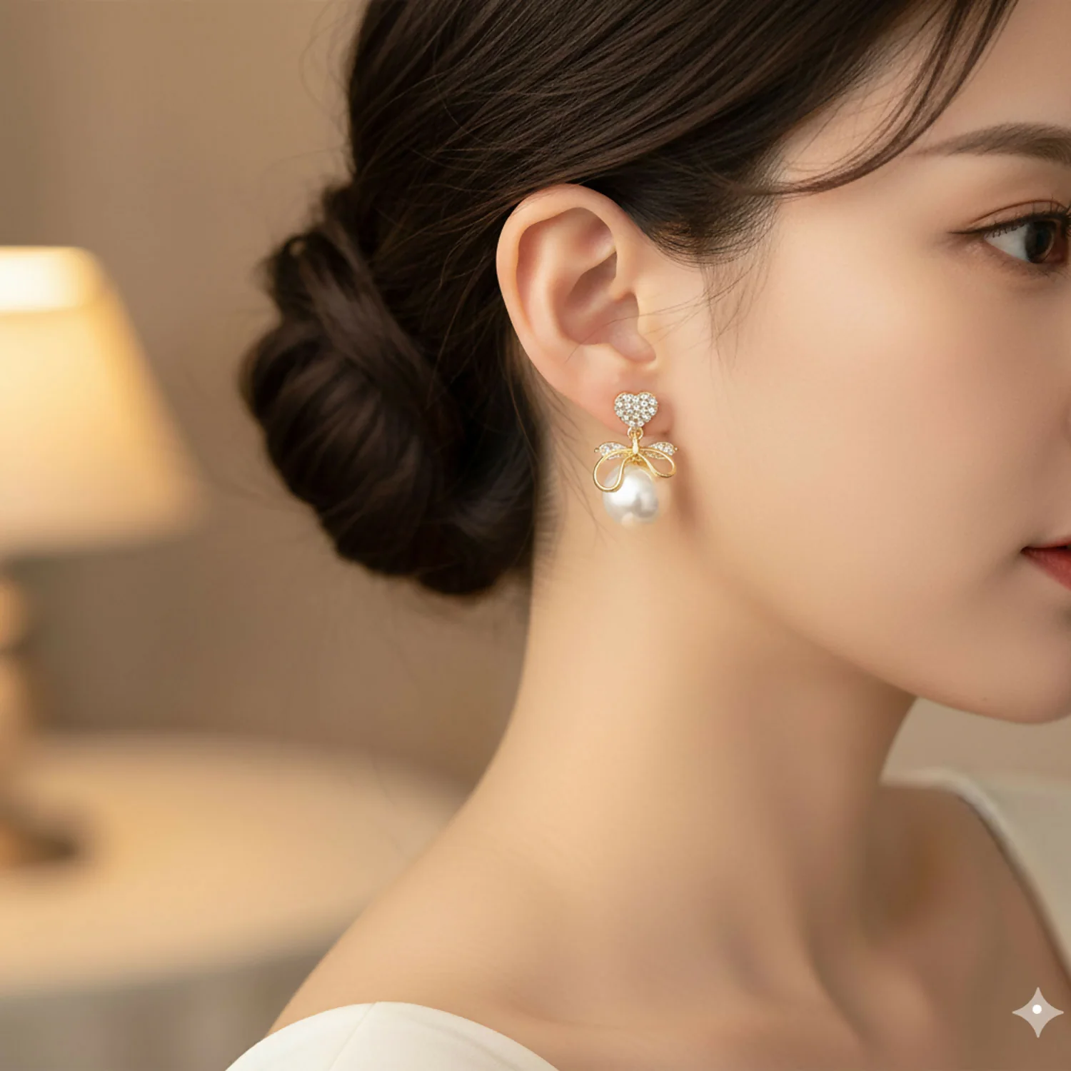 Romantic Heart Crystal & Pearl Bow Earrings – 14K Gold Plated Drop Earrings for Women - Image 2