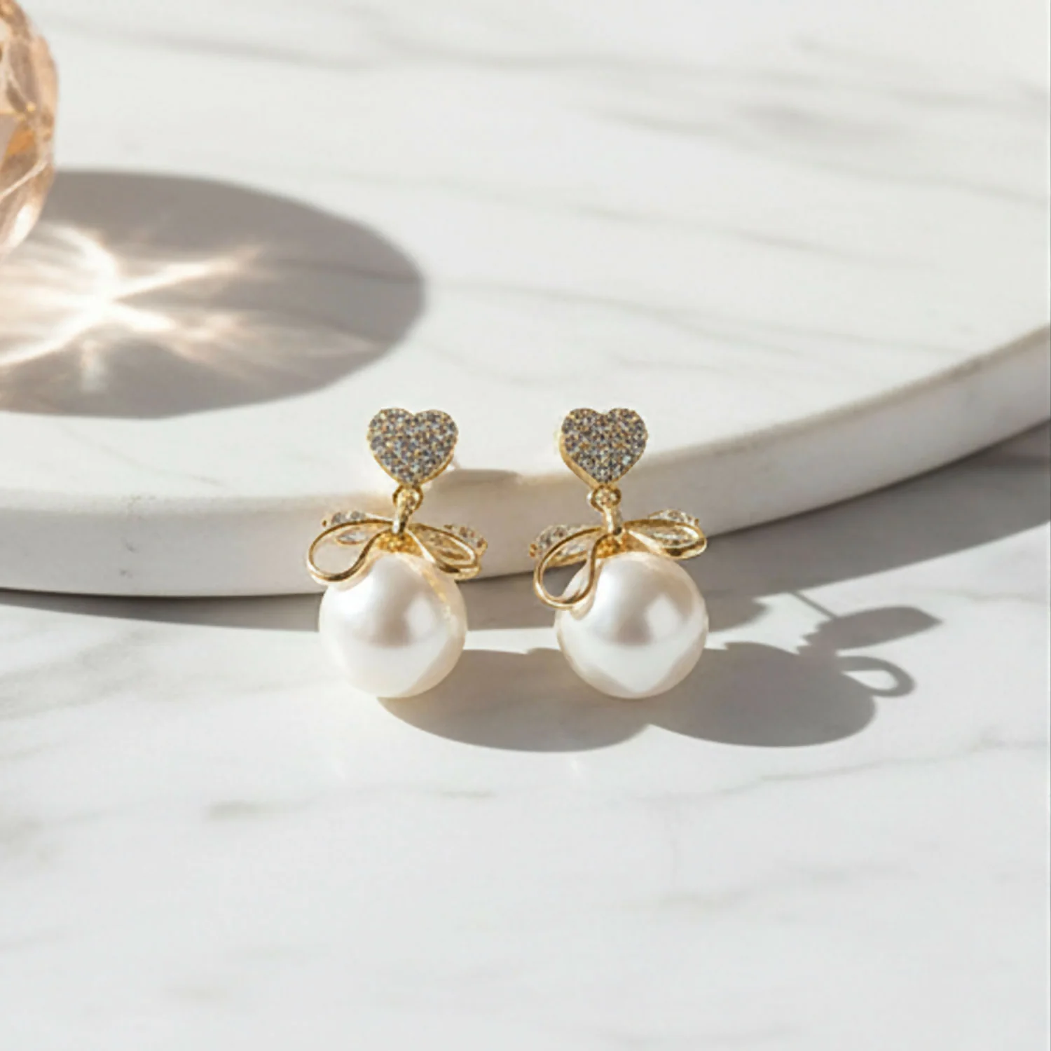 Romantic Heart Crystal & Pearl Bow Earrings – 14K Gold Plated Drop Earrings for Women - Image 3