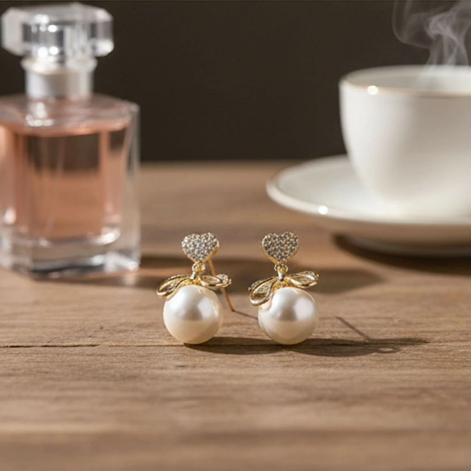 Romantic Heart Crystal & Pearl Bow Earrings – 14K Gold Plated Drop Earrings for Women - Image 4