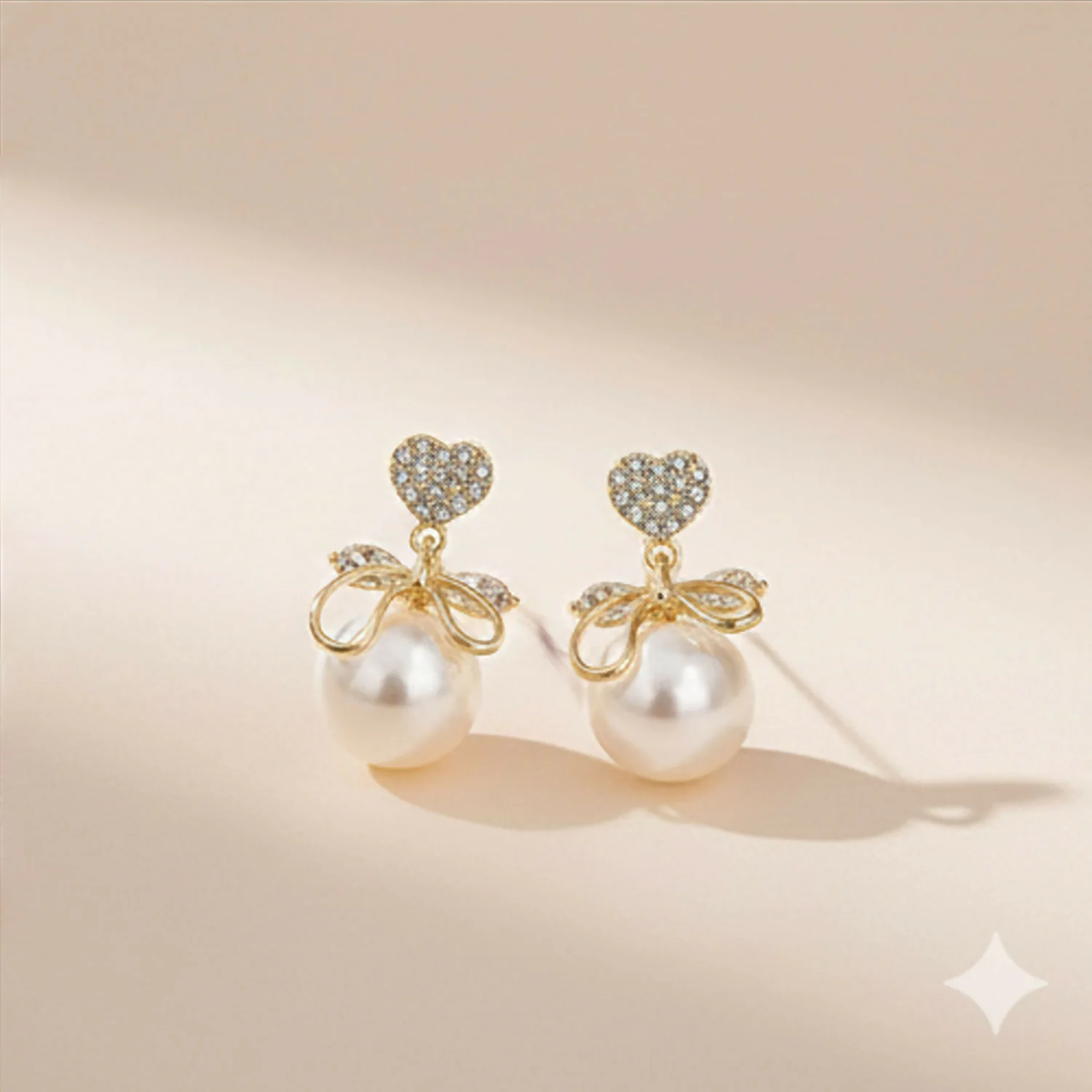 Romantic Heart Crystal & Pearl Bow Earrings – 14K Gold Plated Drop Earrings for Women - Image 5