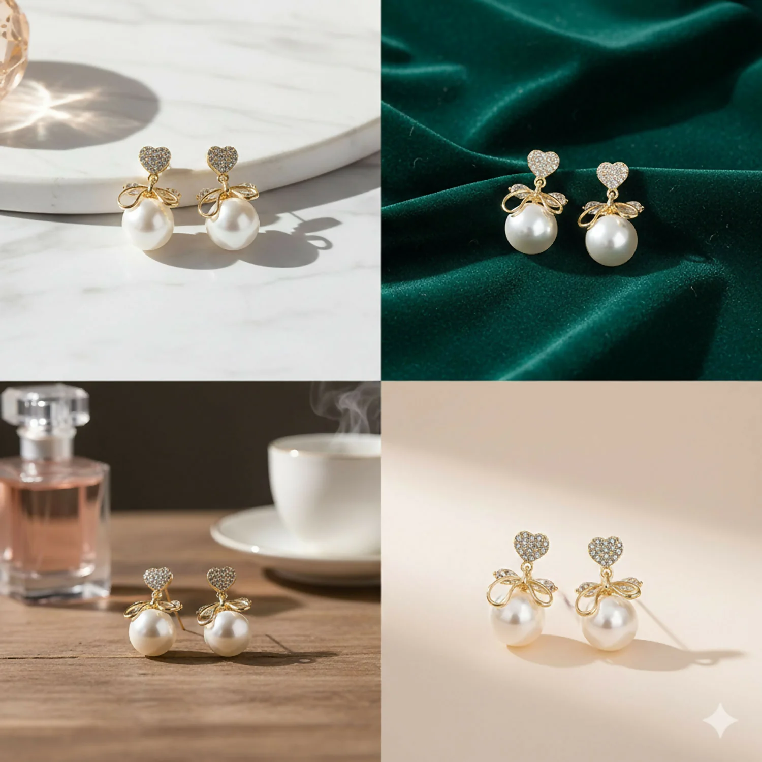 Romantic Heart Crystal & Pearl Bow Earrings – 14K Gold Plated Drop Earrings for Women - Image 6