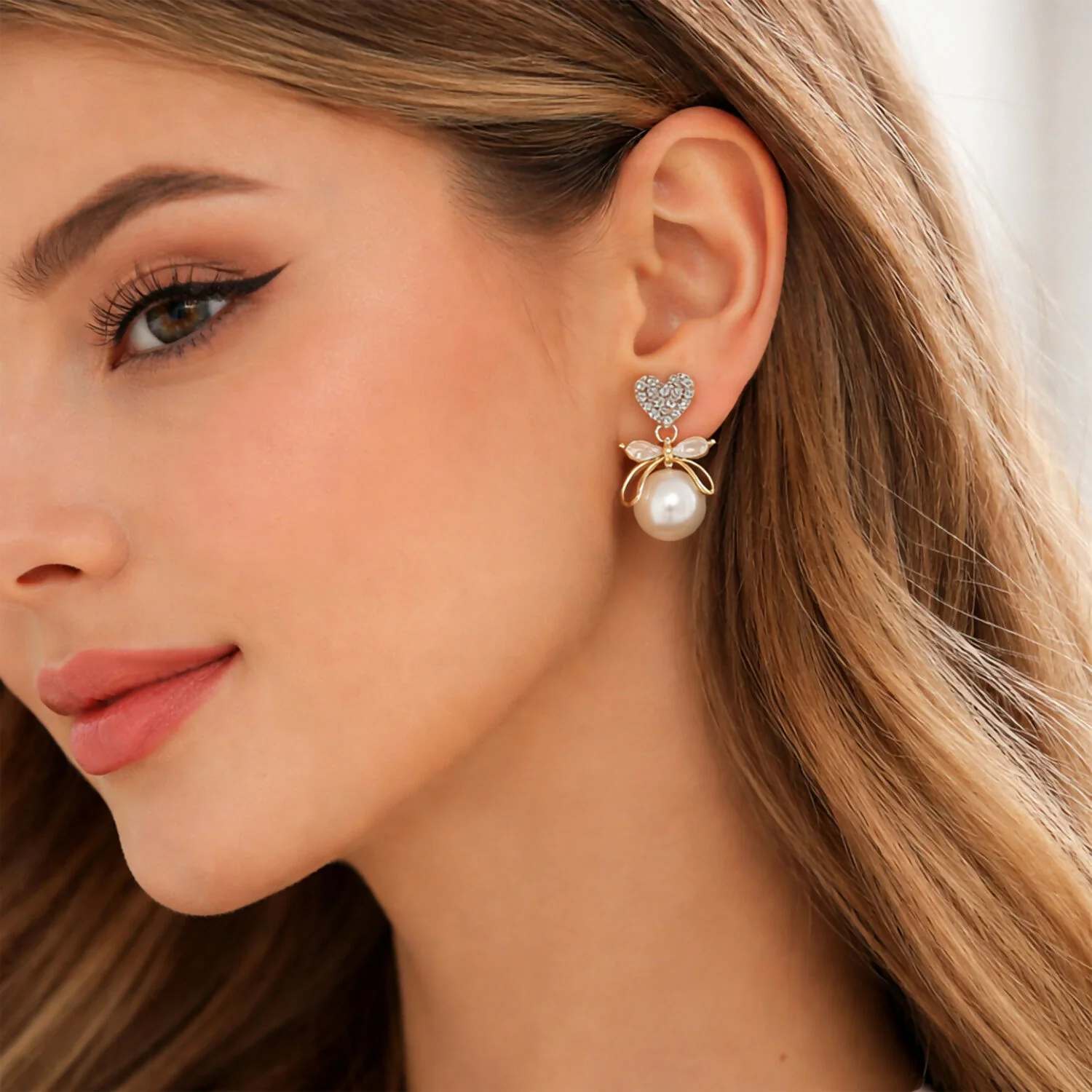 Romantic Heart Crystal & Pearl Bow Earrings – 14K Gold Plated Drop Earrings for Women - Image 7