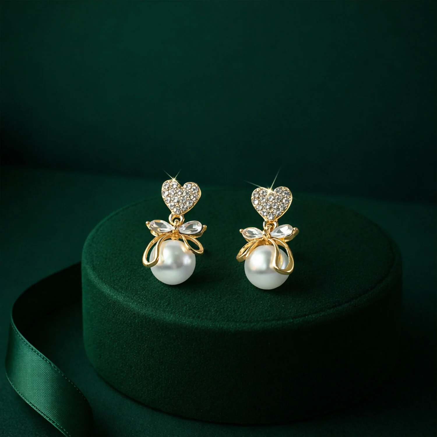 Romantic Heart Crystal & Pearl Bow Earrings – 14K Gold Plated Drop Earrings for Women - Image 8