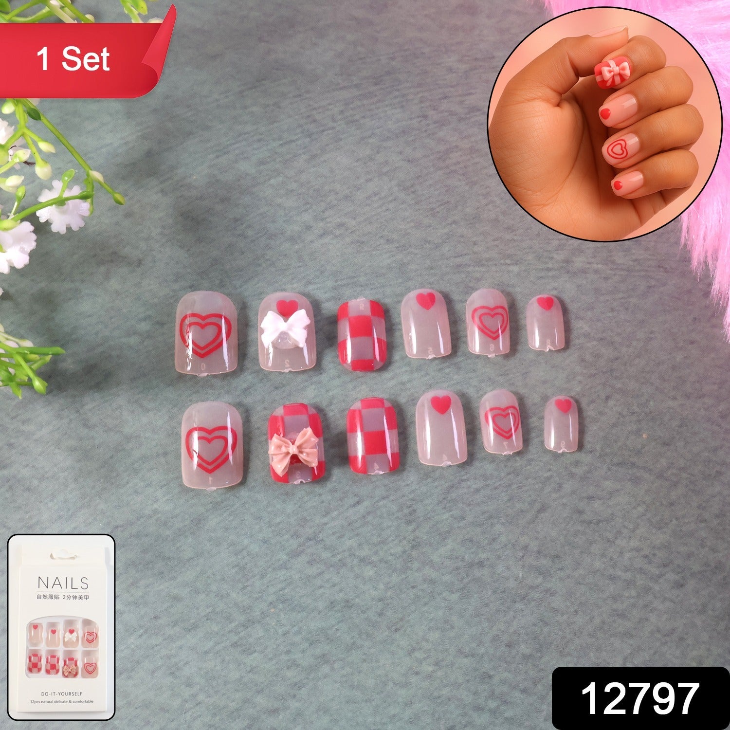 Premium Artificial False Nail Set with Mix Design fake nails - (Set) - Image 2