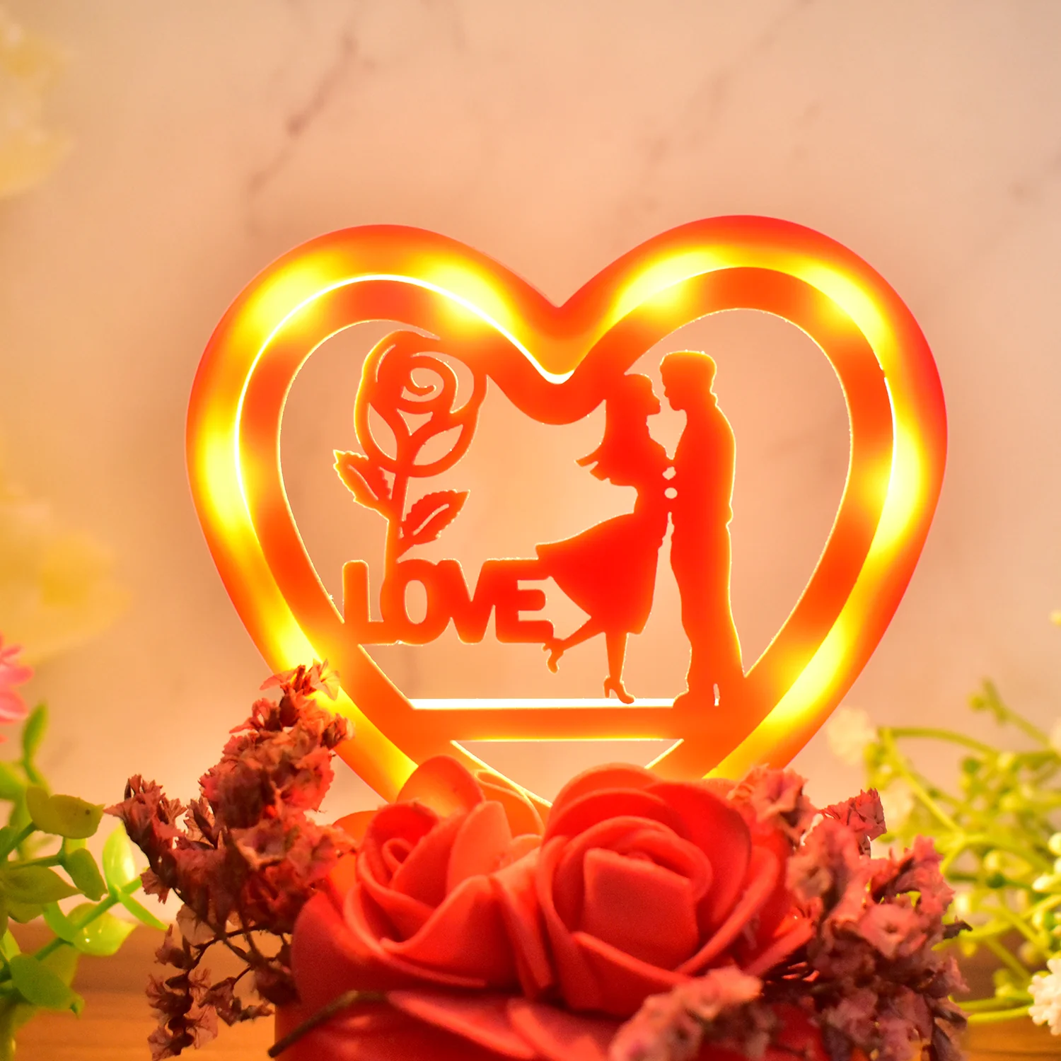 Romantic Heart-Shaped Love Couple Decorative Showpiece with Rose Base (1 Pc) - Image 7