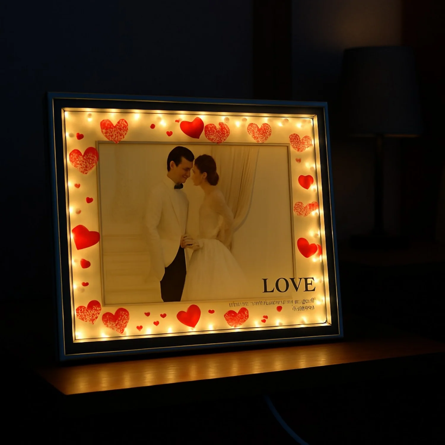 Romantic Heart-Themed LED Photo Frame for Couples | Warm Light Illuminated 5x7 Picture Frame with Red Heart Decorations | Anniversary, Wedding & Valentine Gift for Partner | Tabletop Decorative Night Lamp – USB Powered - Image 2