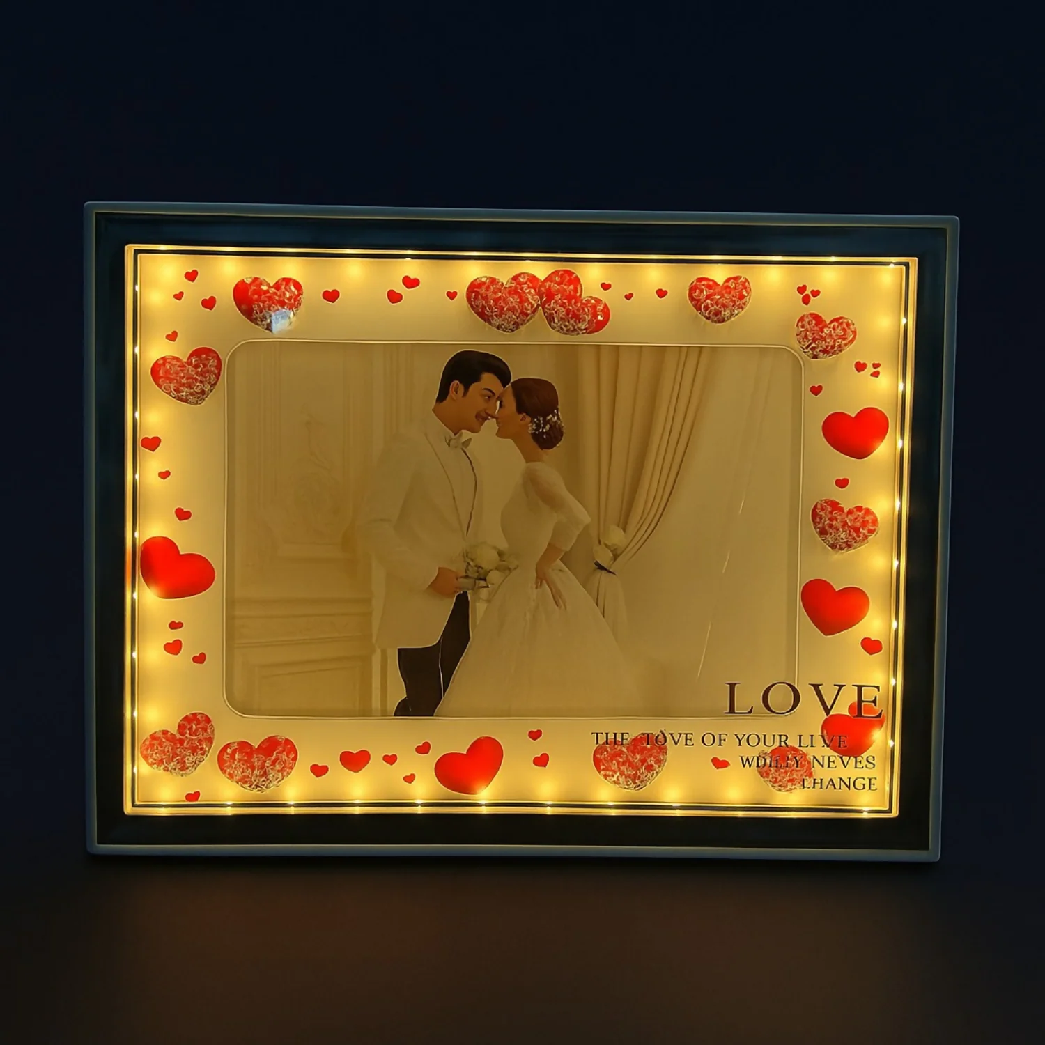 Romantic Heart-Themed LED Photo Frame for Couples | Warm Light Illuminated 5x7 Picture Frame with Red Heart Decorations | Anniversary, Wedding & Valentine Gift for Partner | Tabletop Decorative Night Lamp – USB Powered - Image 3