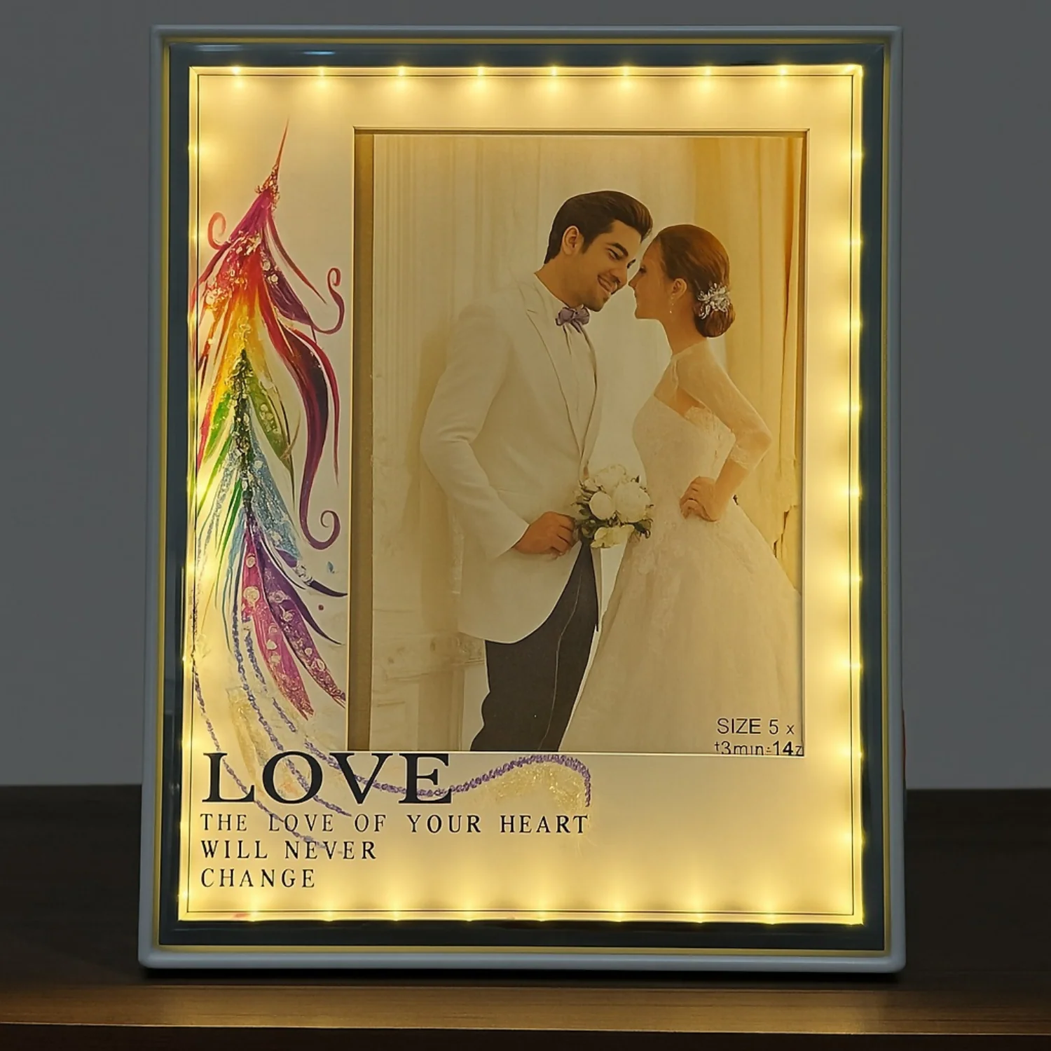Romantic LED Love Photo Frame with Rainbow Feather Design | Warm Light Illuminated Couple Picture Frame for Anniversary, Wedding & Valentine Gifting | USB Powered Tabletop Decorative Photo Lamp for Bedroom & Home Decor - Image 2