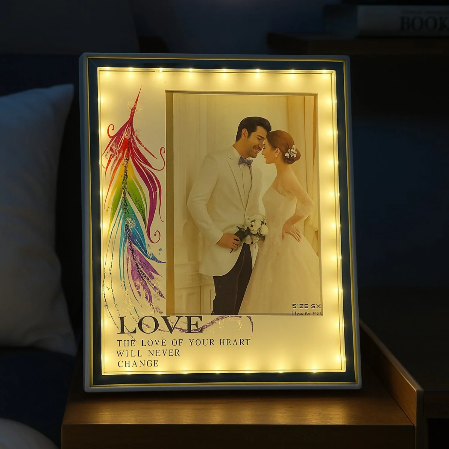 Romantic LED Love Photo Frame with Rainbow Feather Design | Warm Light Illuminated Couple Picture Frame for Anniversary, Wedding & Valentine Gifting | USB Powered Tabletop Decorative Photo Lamp for Bedroom & Home Decor - Image 4