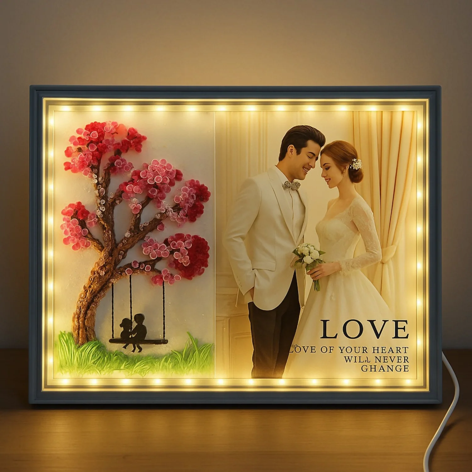 Romantic LED Photo Frame with 3D Tree & Couple Swing Artwork | Warm Light Illuminated Wedding & Anniversary Picture Frame | USB Powered Tabletop Love Lamp for Bedroom, Home Decor & Valentine Gifting - Image 2