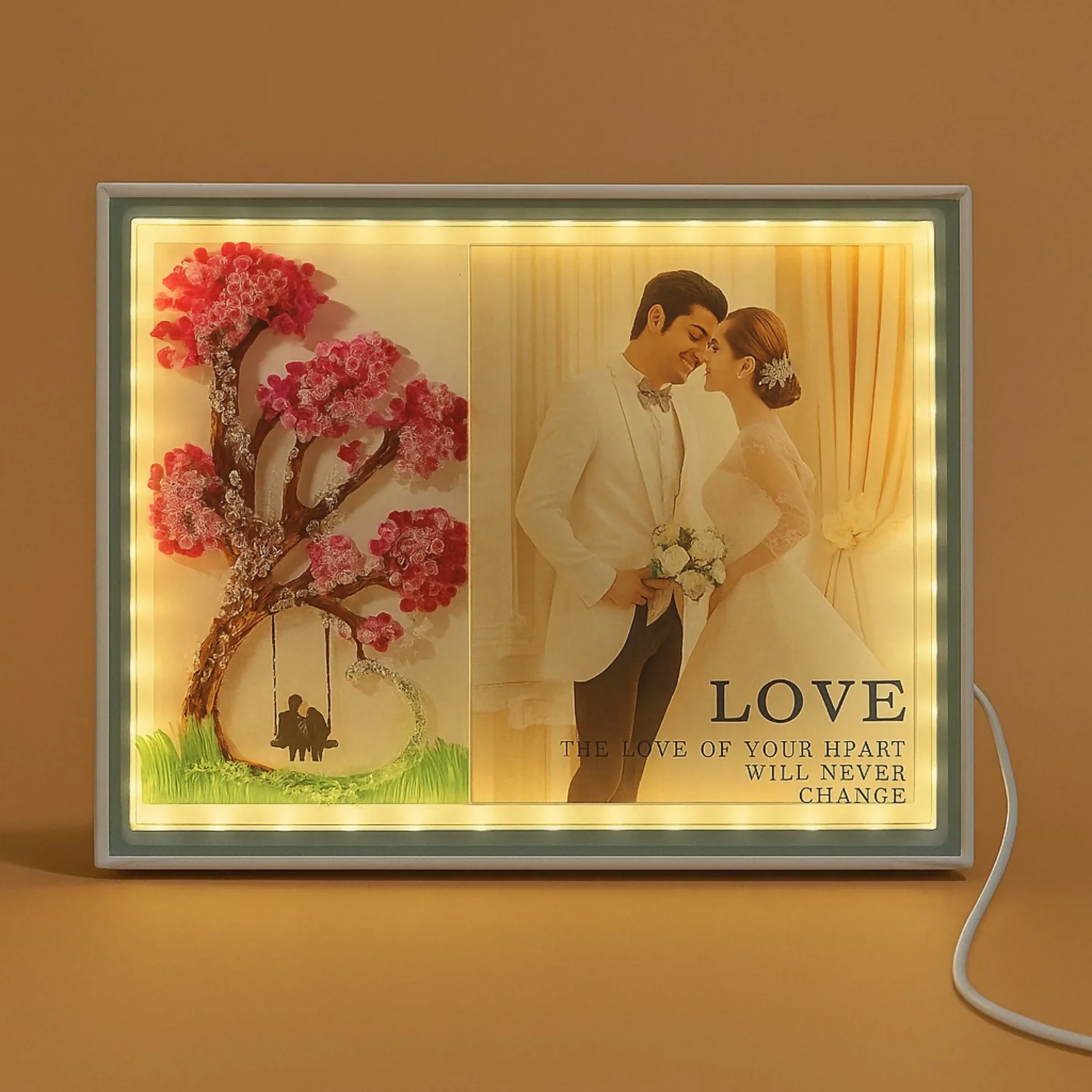 Romantic LED Photo Frame with 3D Tree & Couple Swing Artwork | Warm Light Illuminated Wedding & Anniversary Picture Frame | USB Powered Tabletop Love Lamp for Bedroom, Home Decor & Valentine Gifting - Image 3