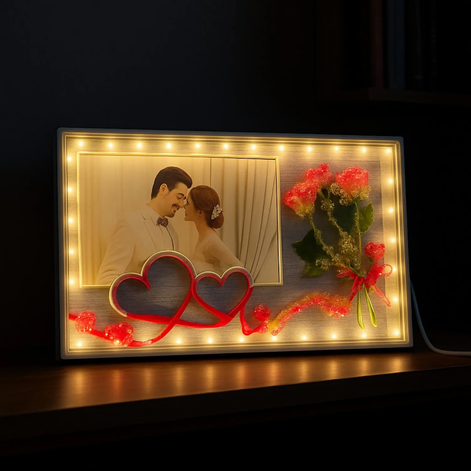 Romantic LED Photo Frame with Decorative Flowers & Heart Ribbon Design | Warm Light Illuminated Couple Picture Frame for Anniversary, Wedding & Valentine Gift | USB Powered Tabletop Love Frame for Home & Bedroom Decor - Image 2