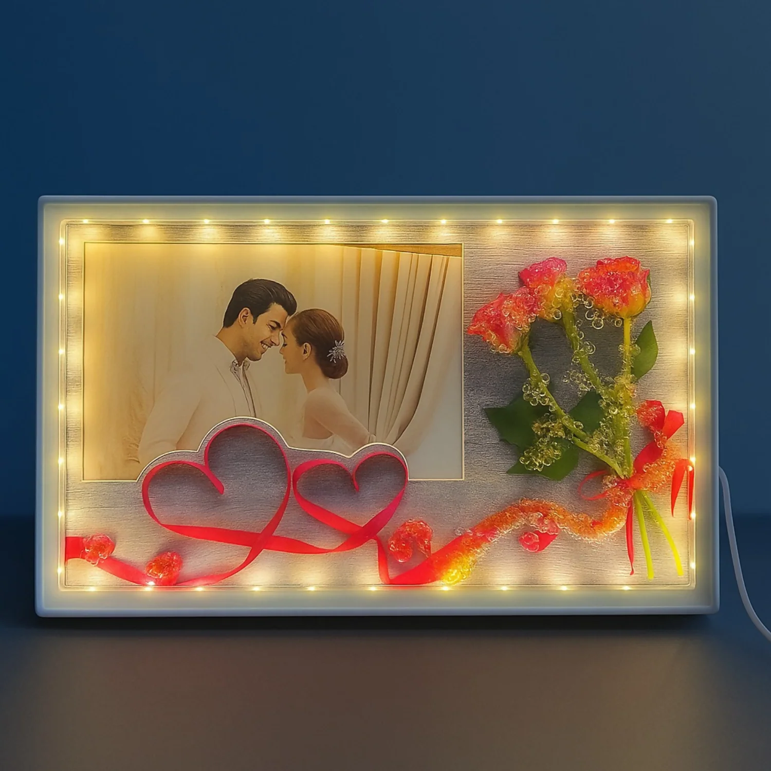 Romantic LED Photo Frame with Decorative Flowers & Heart Ribbon Design | Warm Light Illuminated Couple Picture Frame for Anniversary, Wedding & Valentine Gift | USB Powered Tabletop Love Frame for Home & Bedroom Decor - Image 3
