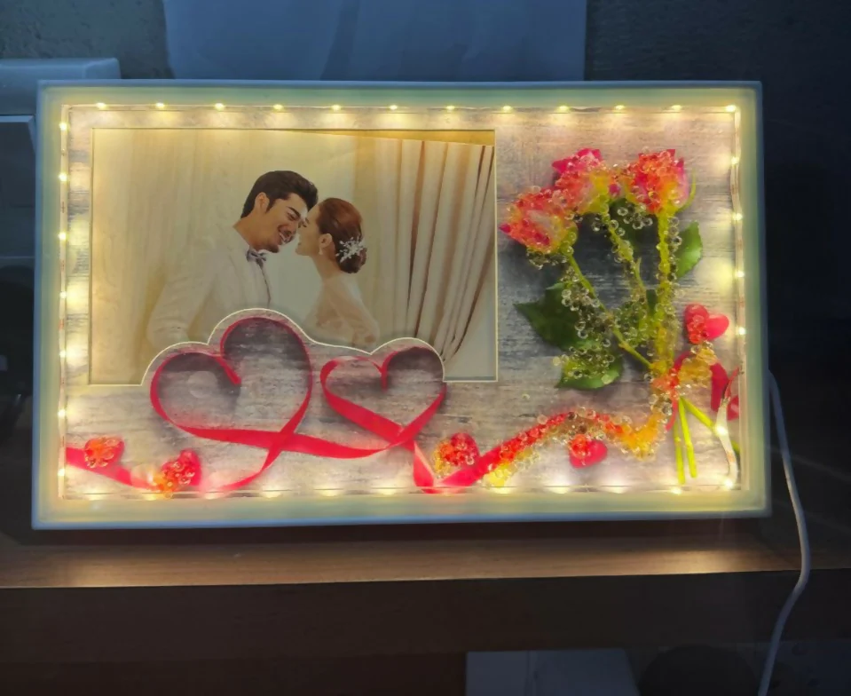 Romantic LED Photo Frame with Decorative Flowers & Heart Ribbon Design | Warm Light Illuminated Couple Picture Frame for Anniversary, Wedding & Valentine Gift | USB Powered Tabletop Love Frame for Home & Bedroom Decor - Image 5