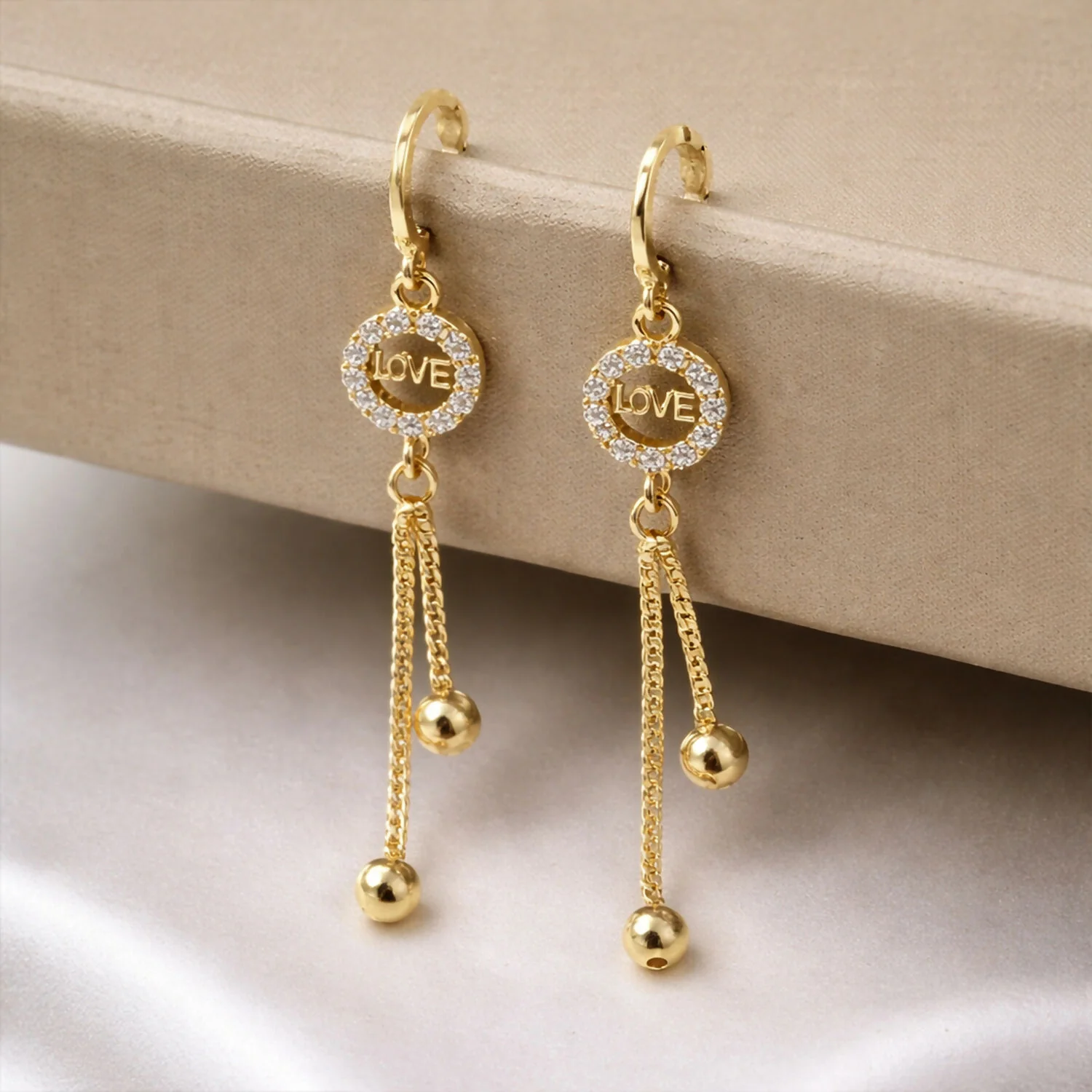 Romantic “LOVE” Charm Tassel Drop Earrings in Gold Finish - Image 2
