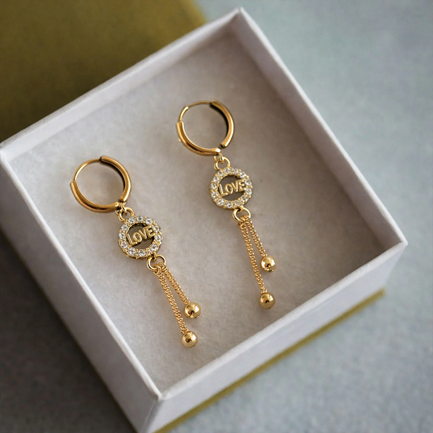 Romantic “LOVE” Charm Tassel Drop Earrings in Gold Finish - Image 3