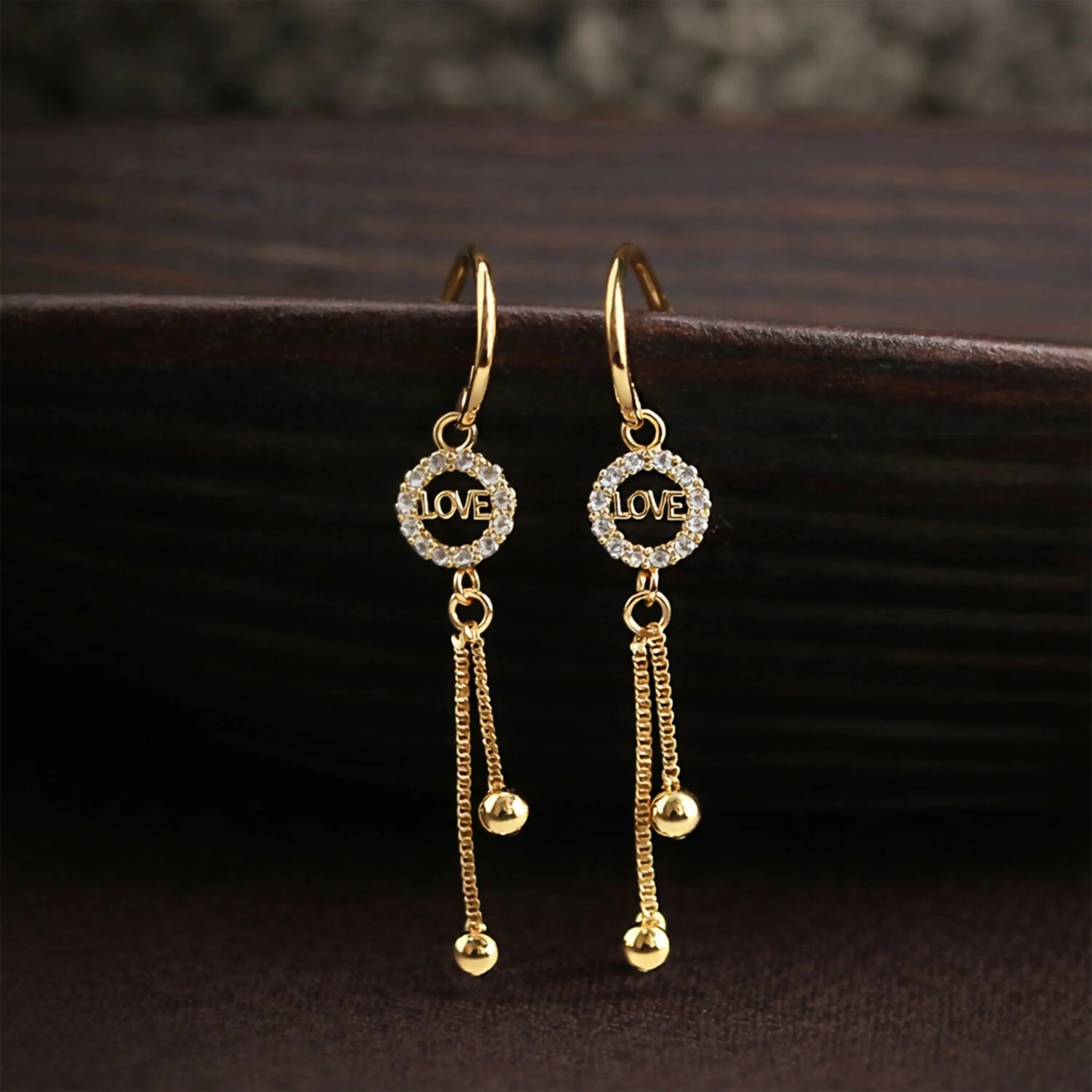 Romantic “LOVE” Charm Tassel Drop Earrings in Gold Finish - Image 4