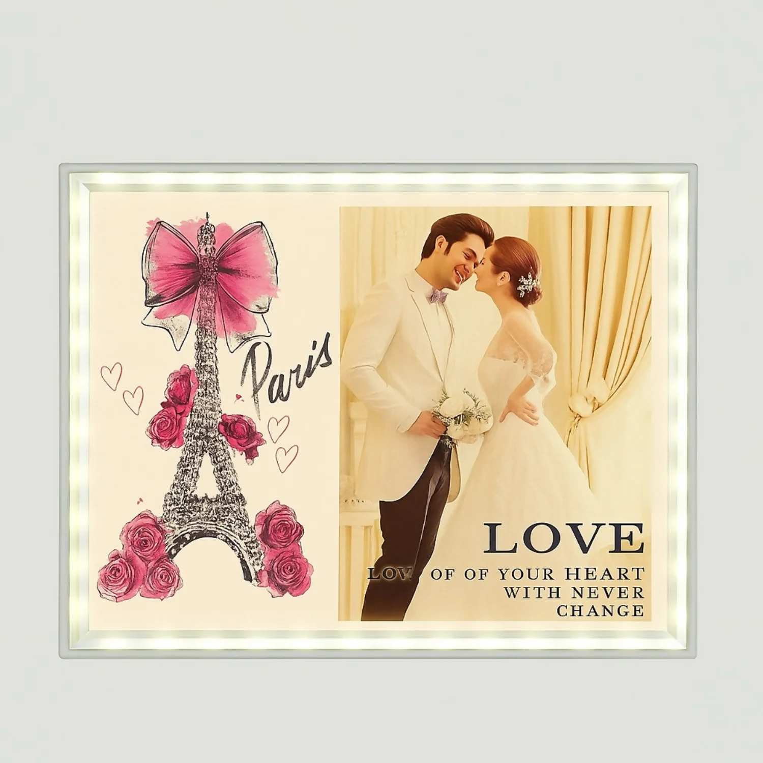 Romantic Paris-Themed LED Photo Frame with Eiffel Tower & Rose Art | Warm Light Illuminated Couple Picture Frame for Anniversary, Wedding & Valentine Gift | USB Powered Tabletop Love Photo Lamp for Bedroom & Home Decor - Image 3