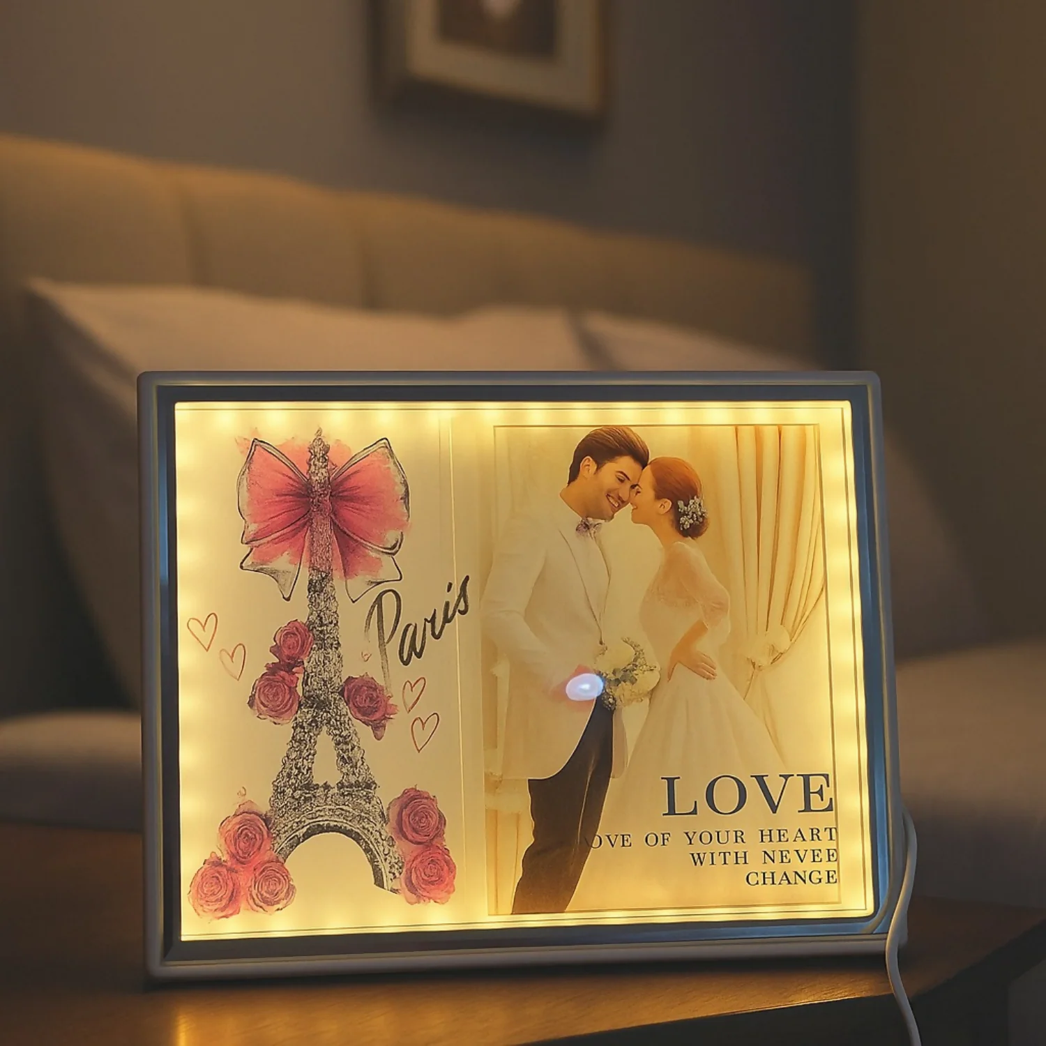 Romantic Paris-Themed LED Photo Frame with Eiffel Tower & Rose Art | Warm Light Illuminated Couple Picture Frame for Anniversary, Wedding & Valentine Gift | USB Powered Tabletop Love Photo Lamp for Bedroom & Home Decor - Image 4