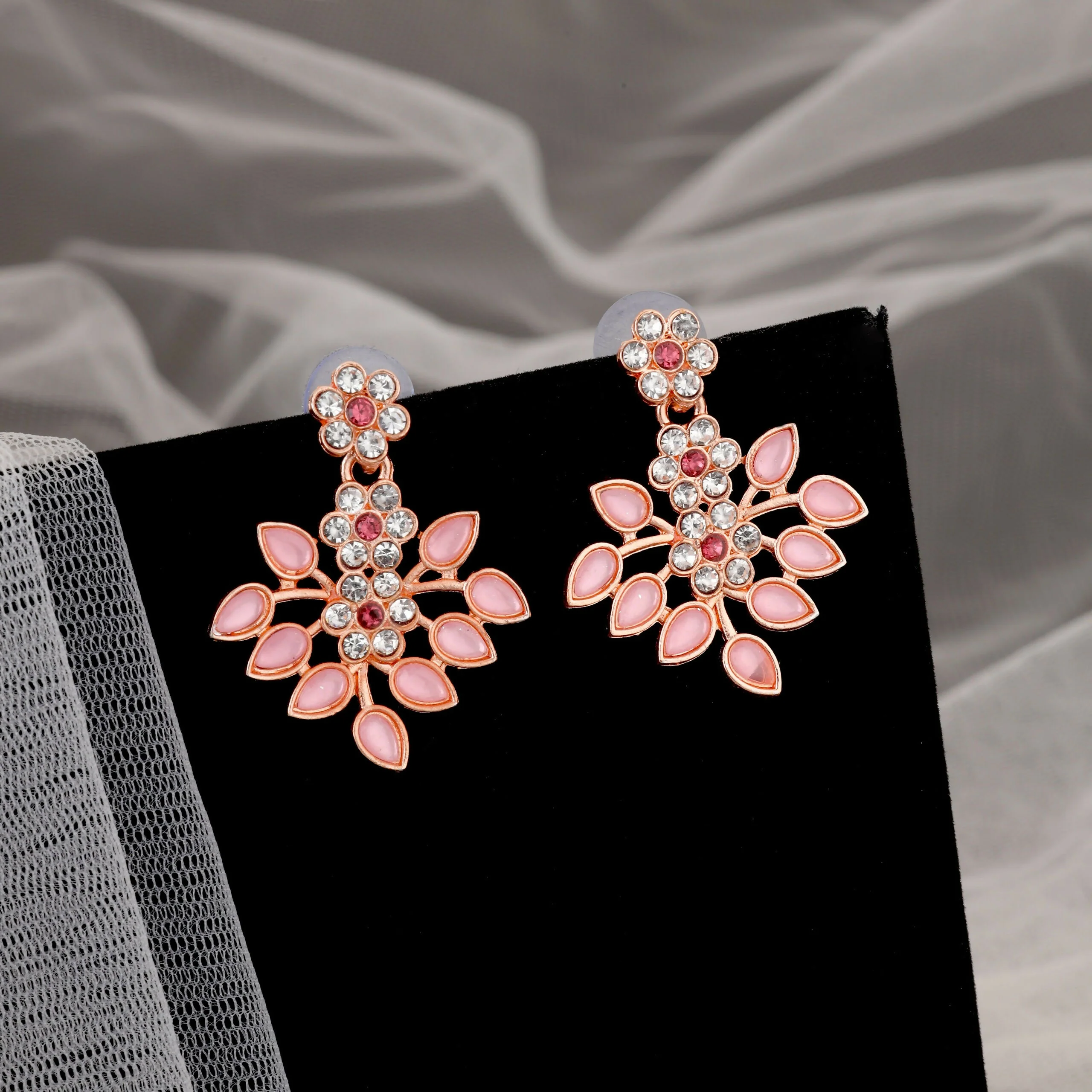 Romantic Rose Gold-Toned Pink Enamel Floral Set - Image 2