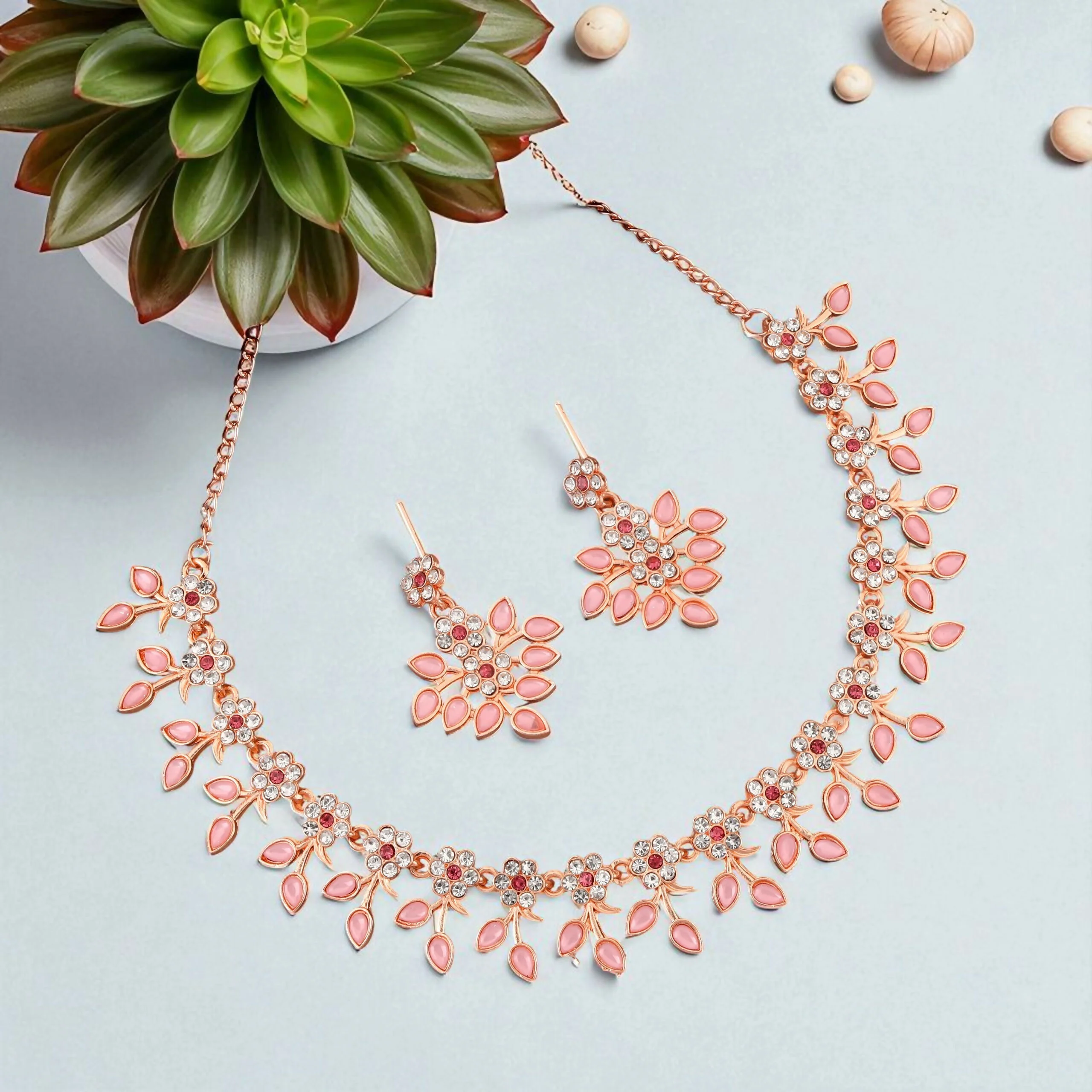 Romantic Rose Gold-Toned Pink Enamel Floral Set - Image 3