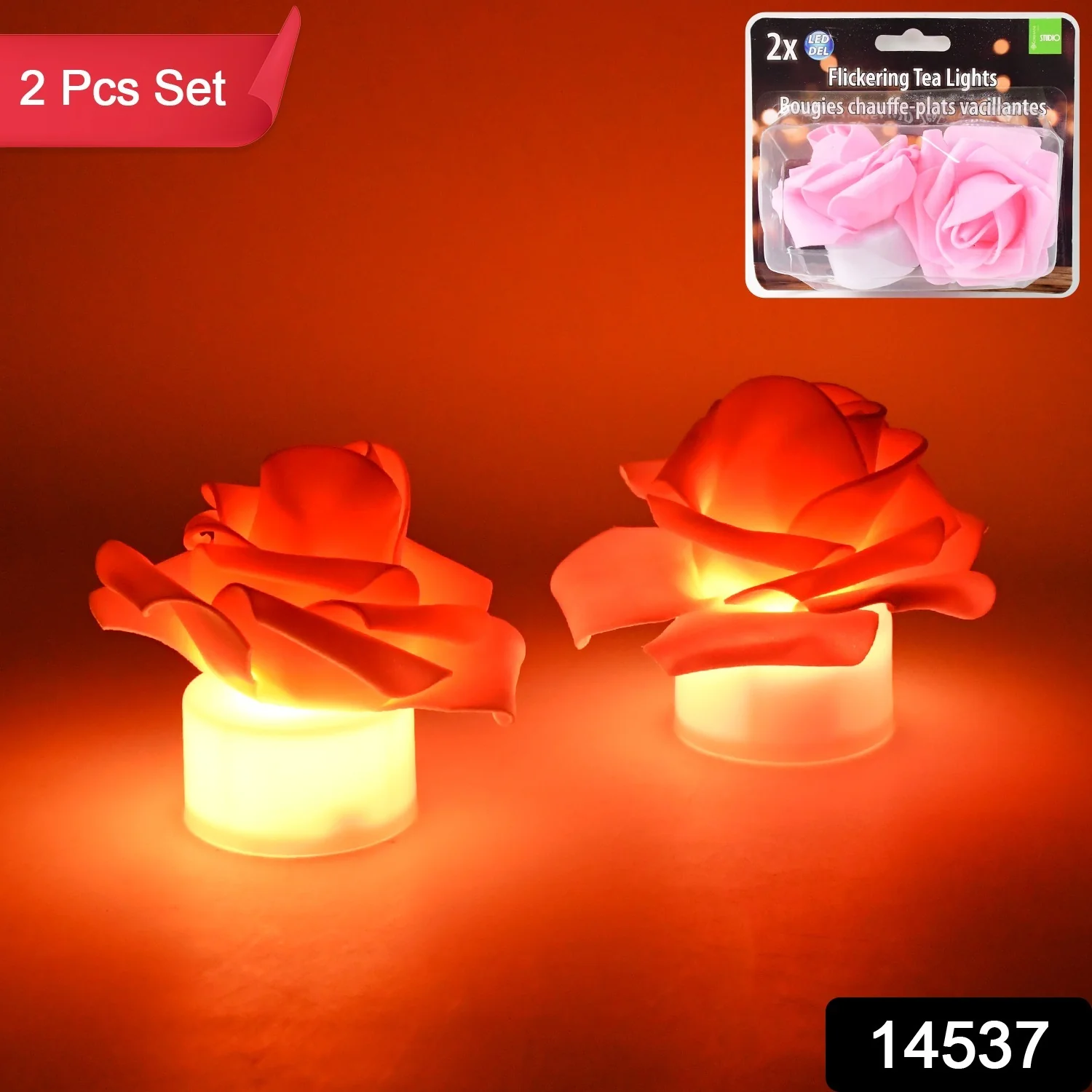 Rose Flower Shaped LED Flickering Tealight Candles (2 Pc) - Image 2