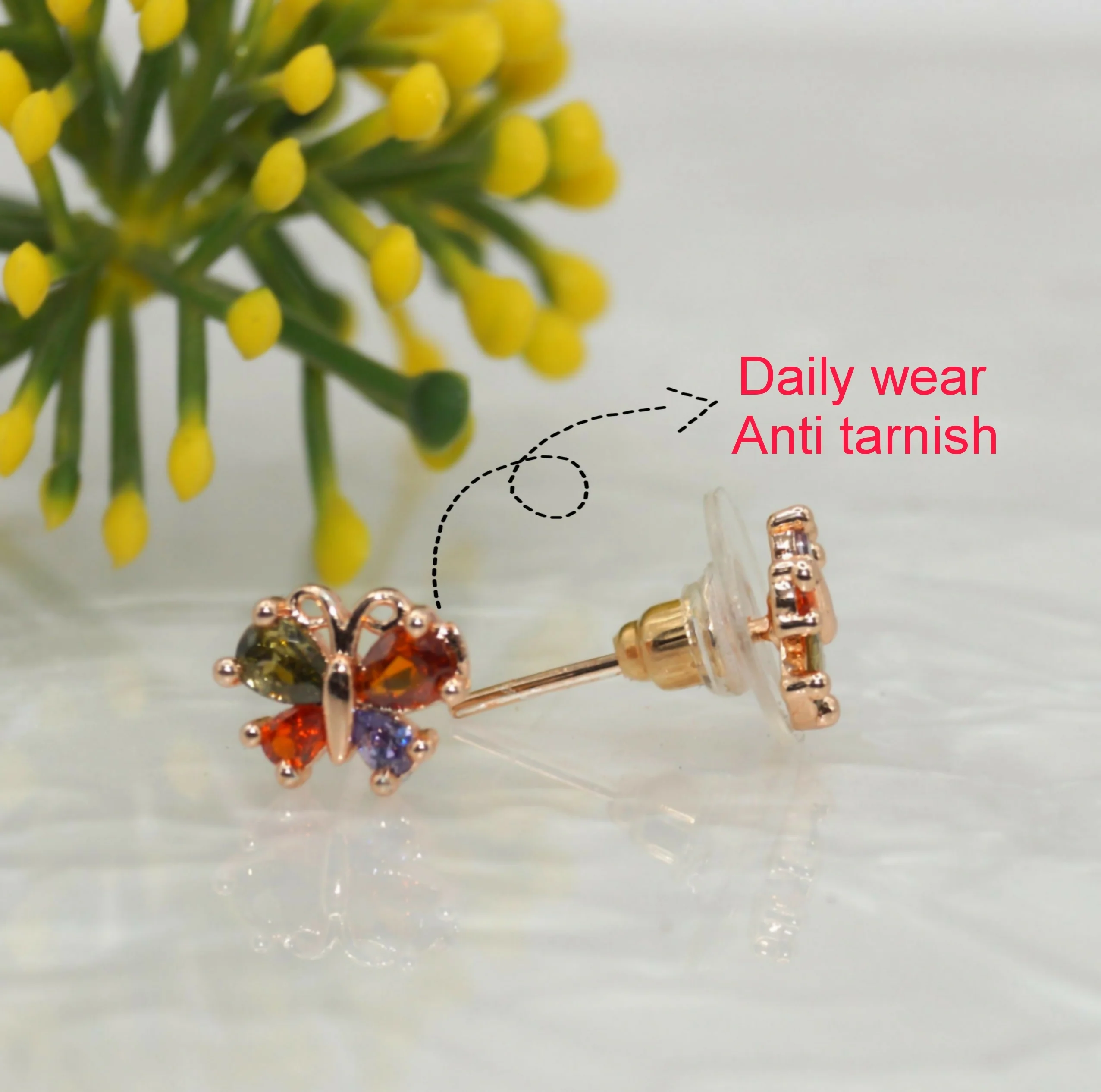 Rose Gold Butterfly Stud Earrings | Multi-Color AD | Cute Daily Jewelry for women and girls - Image 2