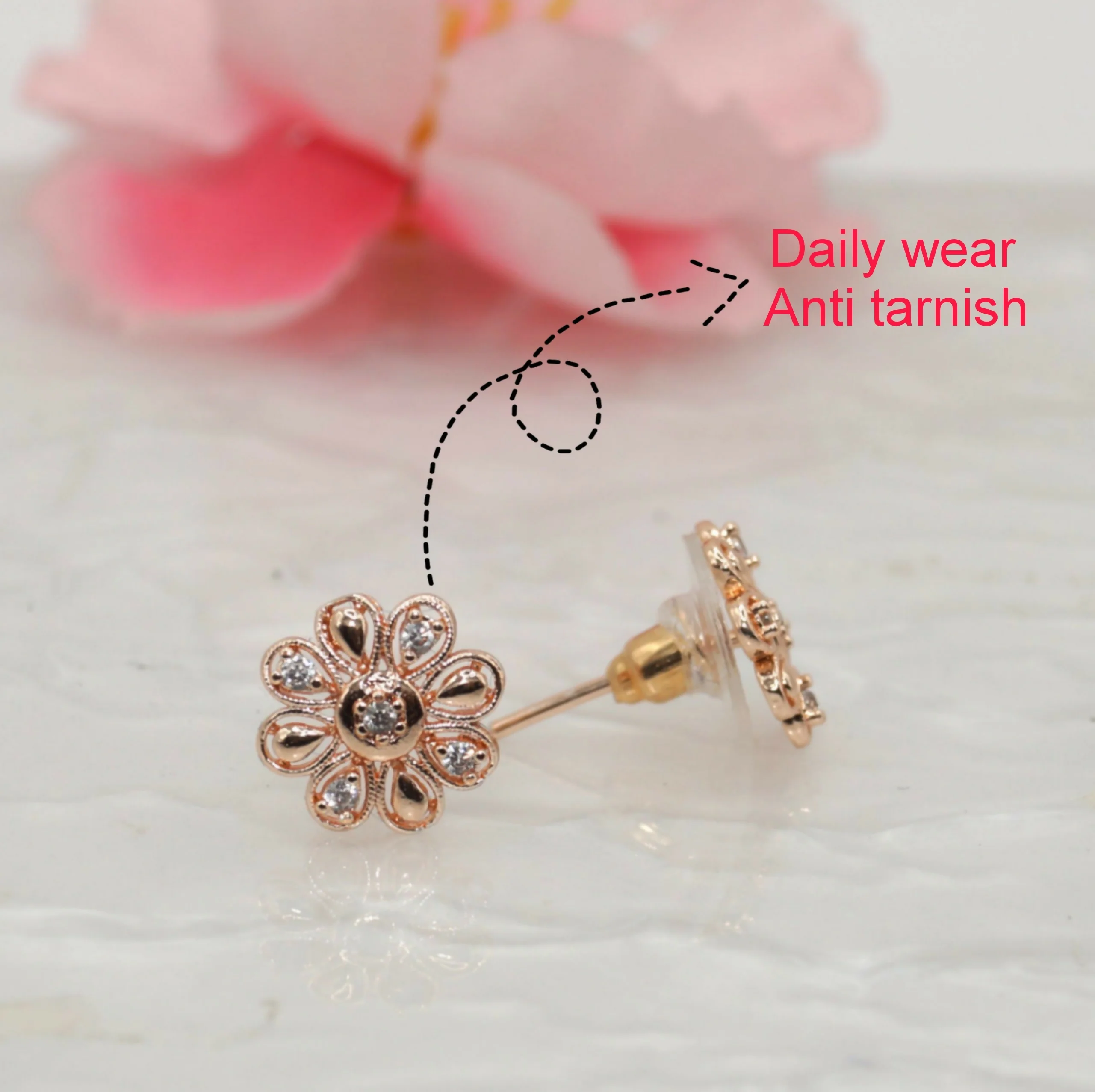 Rose Gold Diamond Flower Stud Earrings for women and girls - Image 2