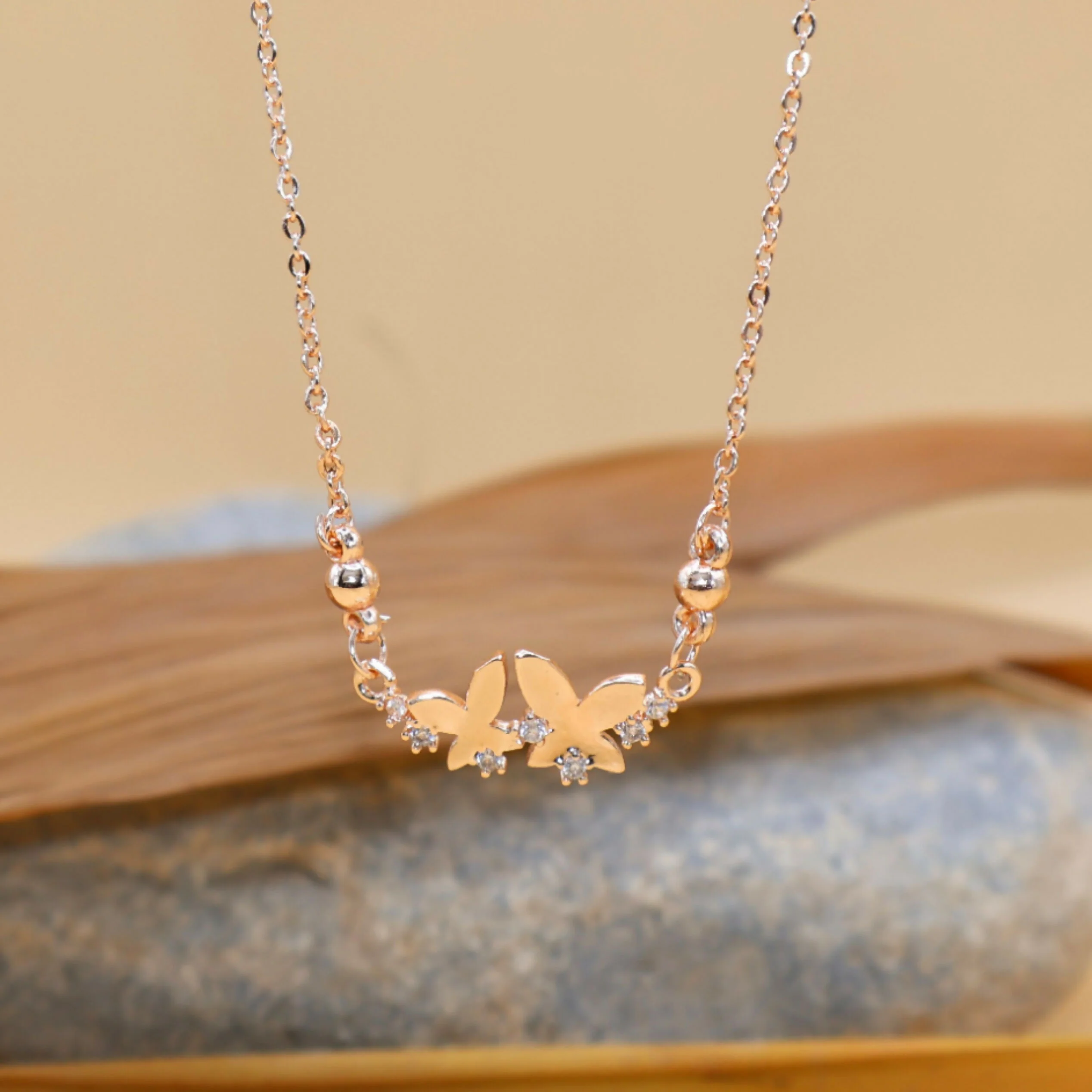 Rose Gold Double Butterfly Necklace | Dainty Zirconia Pendant - Image 2