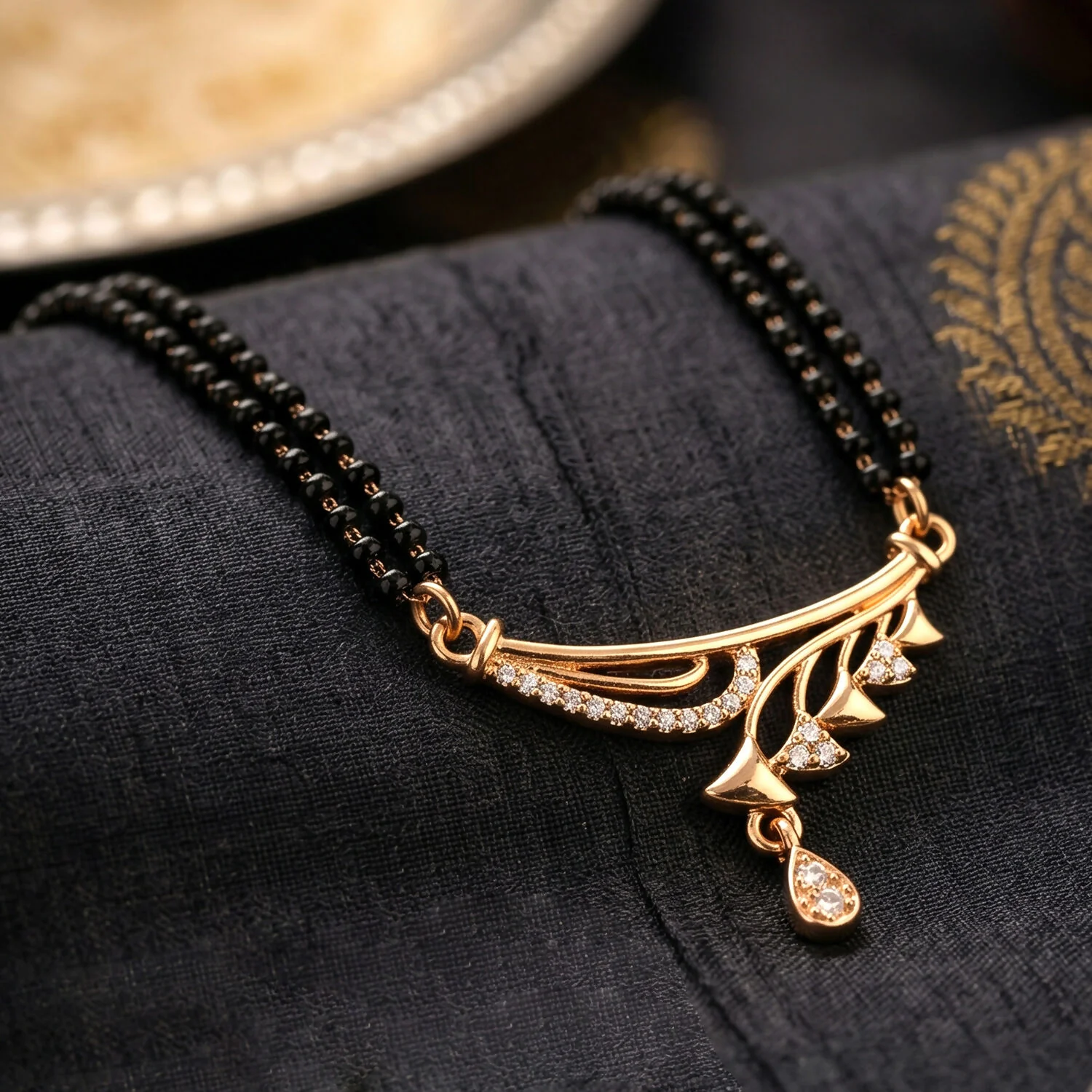 Rose Gold Finish Cascading Leaf Spray CZ Pendant Double Strand Mangalsutra - Image 2