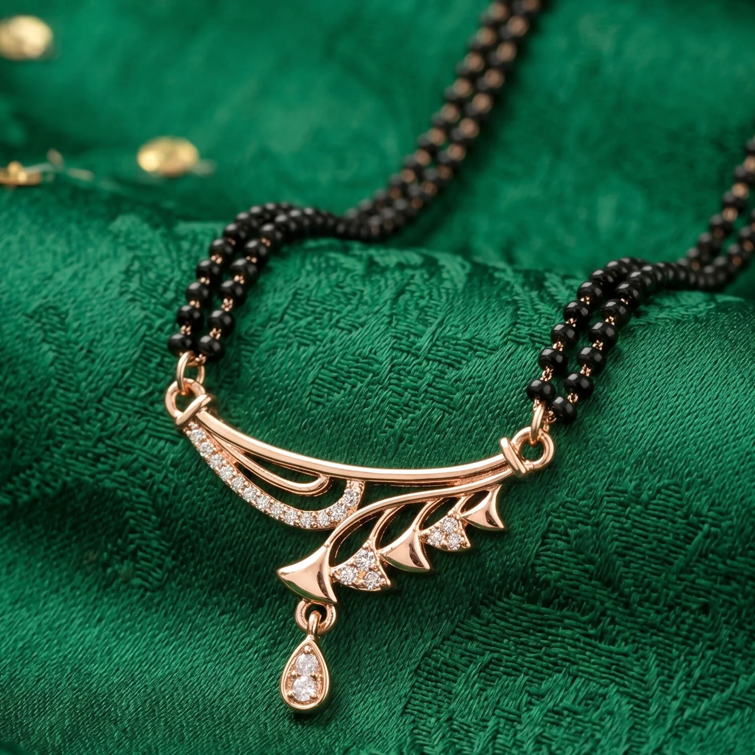 Rose Gold Finish Cascading Leaf Spray CZ Pendant Double Strand Mangalsutra - Image 4