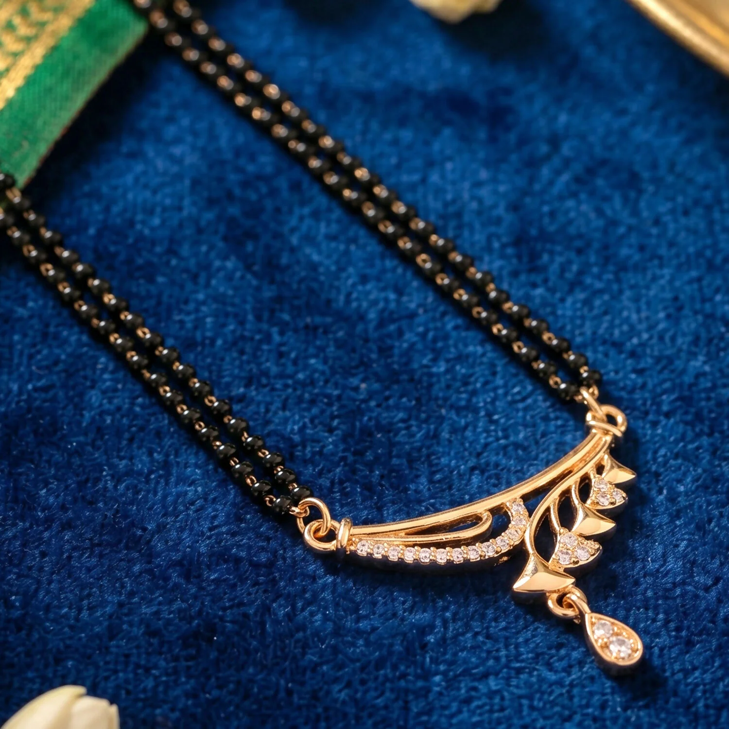 Rose Gold Finish Cascading Leaf Spray CZ Pendant Double Strand Mangalsutra - Image 5