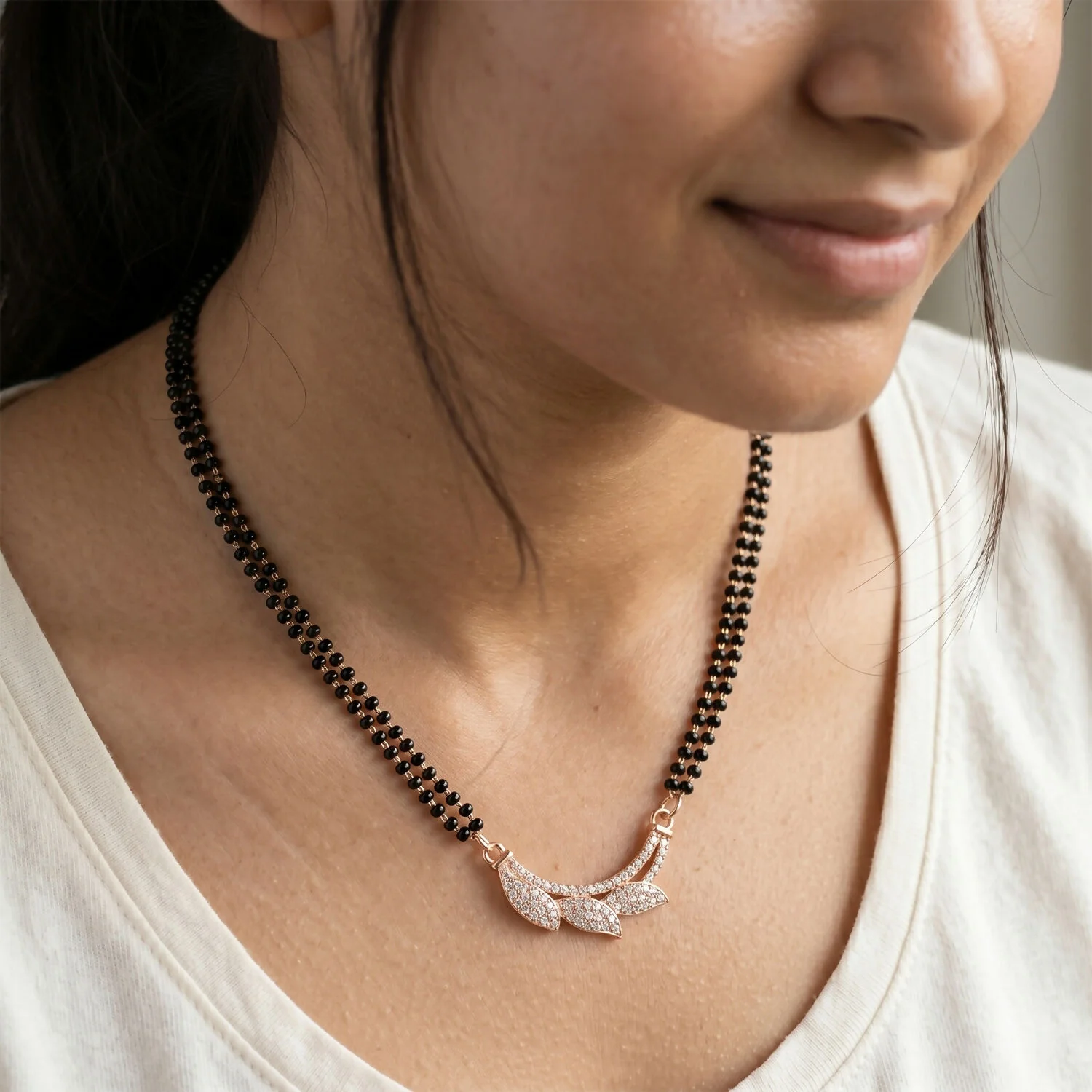 Rose Gold Finish Full CZ Butterfly Wing Pendant Double Strand Mangalsutra - Image 2
