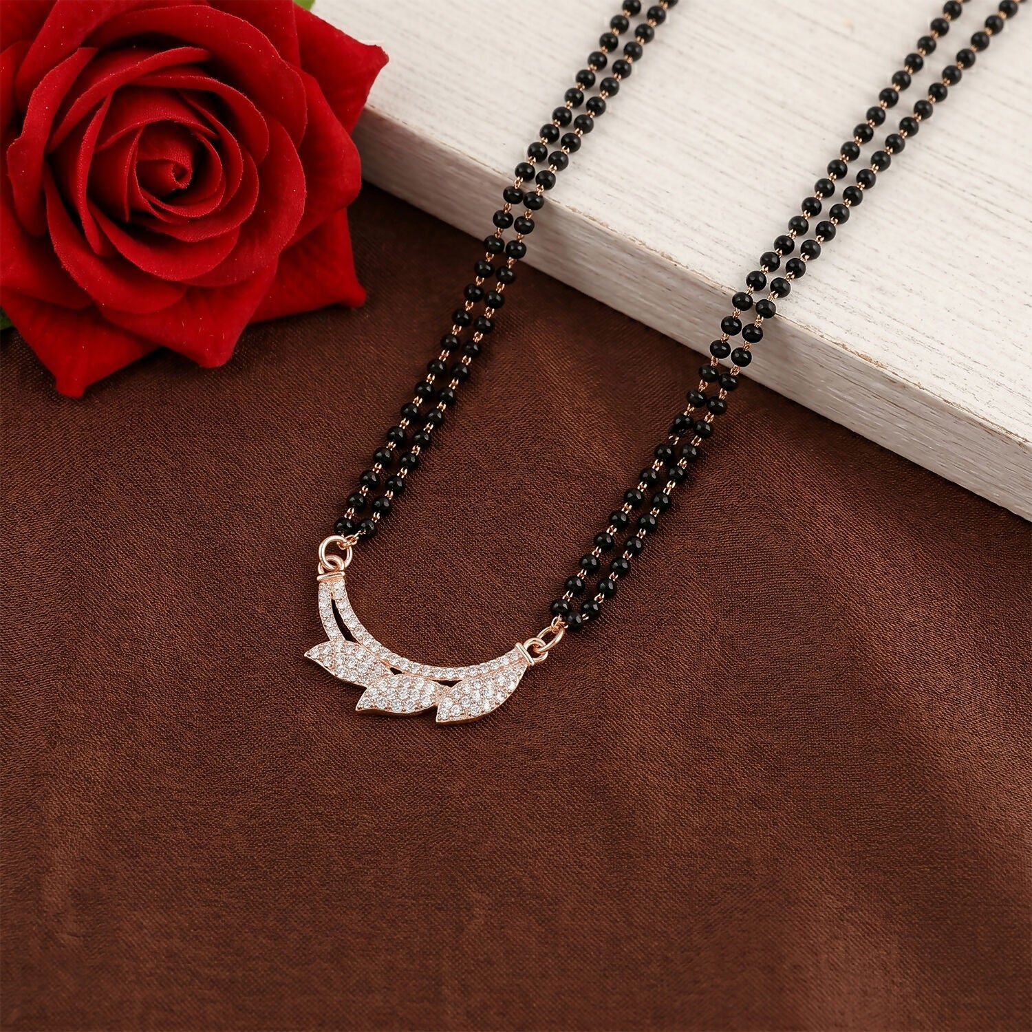 Rose Gold Finish Full CZ Butterfly Wing Pendant Double Strand Mangalsutra - Image 3