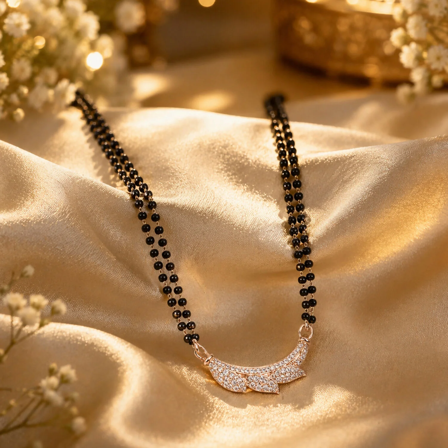 Rose Gold Finish Full CZ Butterfly Wing Pendant Double Strand Mangalsutra - Image 4