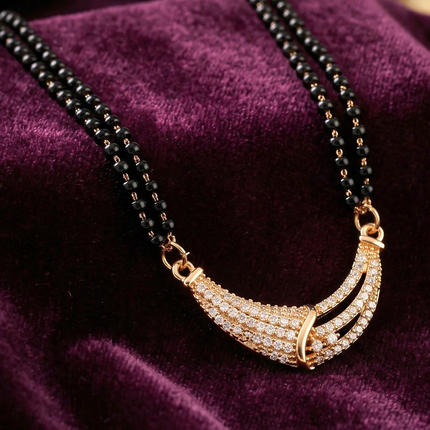 Rose Gold Finish Full CZ Crescent Moon Bar Double Strand Mangalsutra - Image 2
