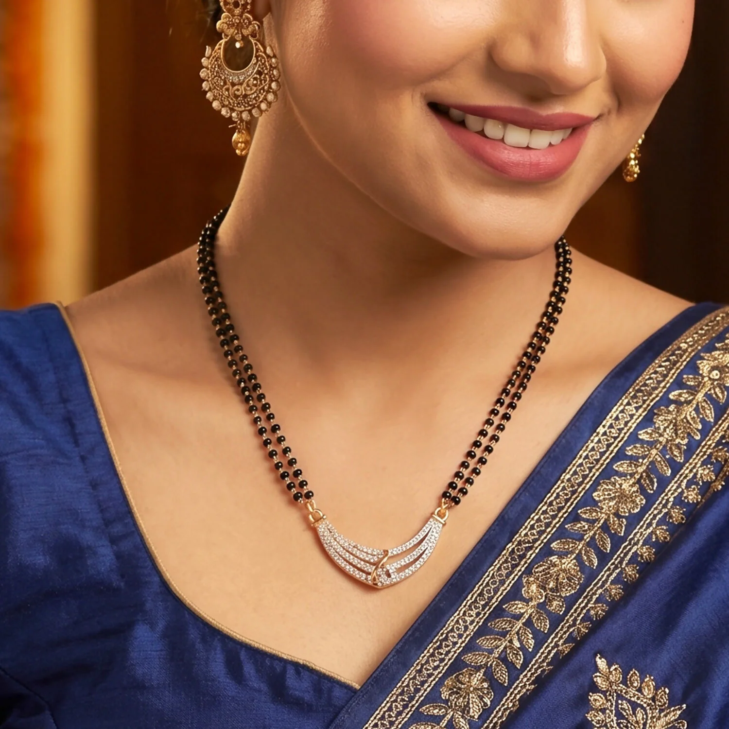 Rose Gold Finish Full CZ Crescent Moon Bar Double Strand Mangalsutra - Image 3