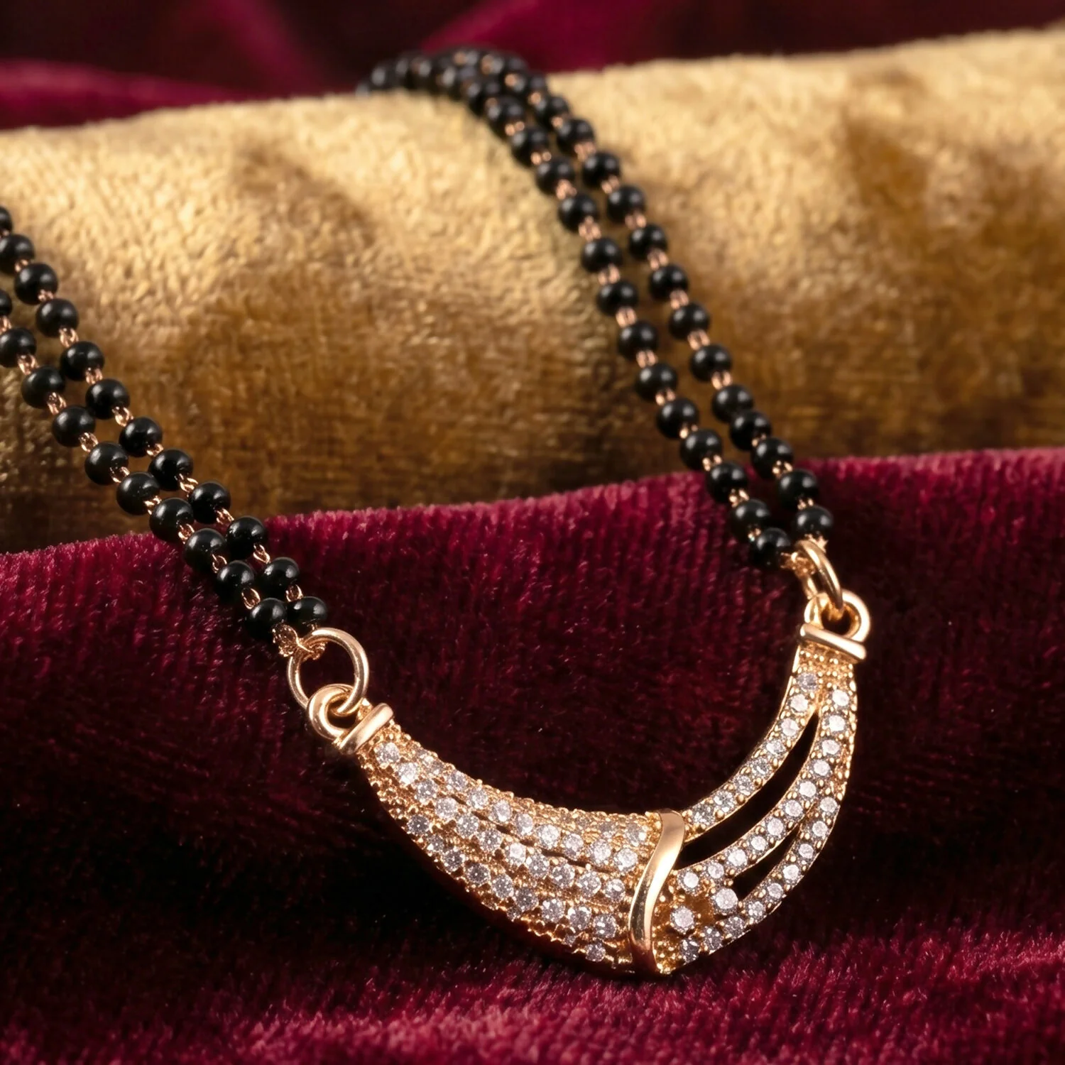 Rose Gold Finish Full CZ Crescent Moon Bar Double Strand Mangalsutra - Image 4