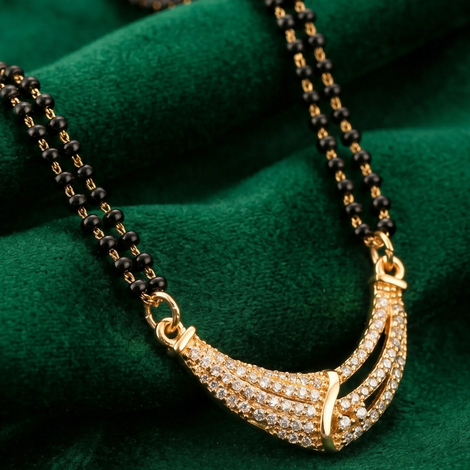 Rose Gold Finish Full CZ Crescent Moon Bar Double Strand Mangalsutra - Image 5