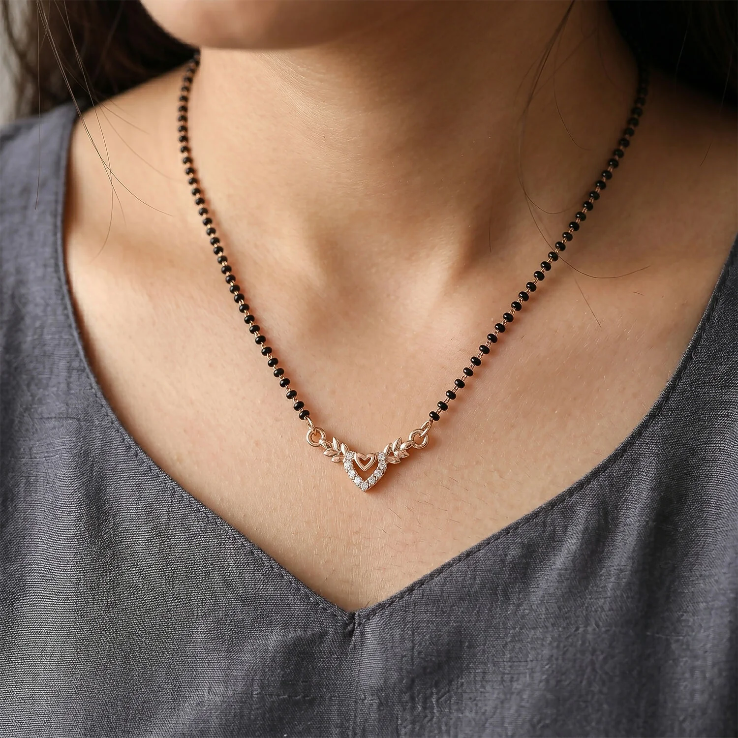 Rose Gold Finish Heart & Wheat Leaf V-Drop CZ Pendant Mangalsutra - Image 2