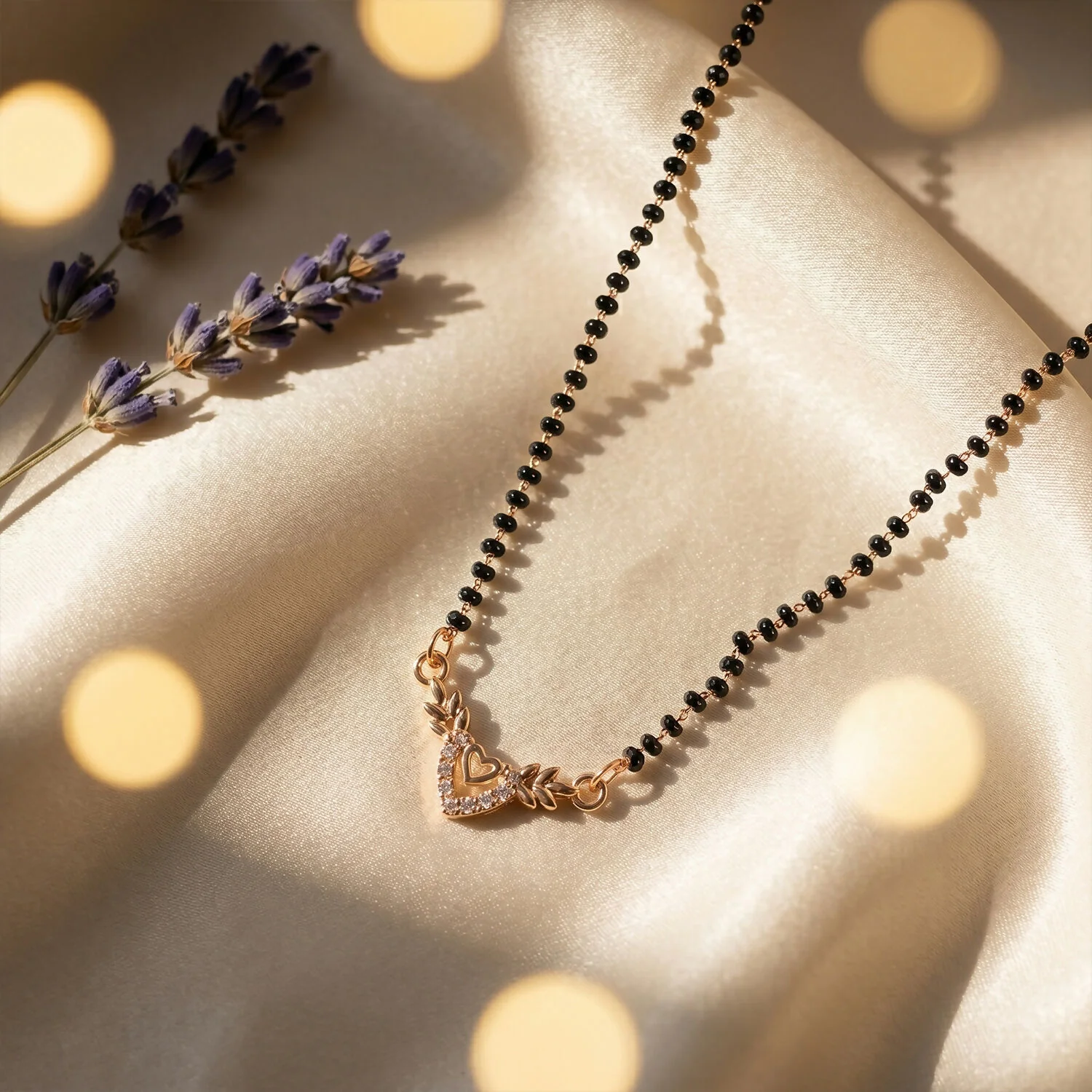 Rose Gold Finish Heart & Wheat Leaf V-Drop CZ Pendant Mangalsutra - Image 3