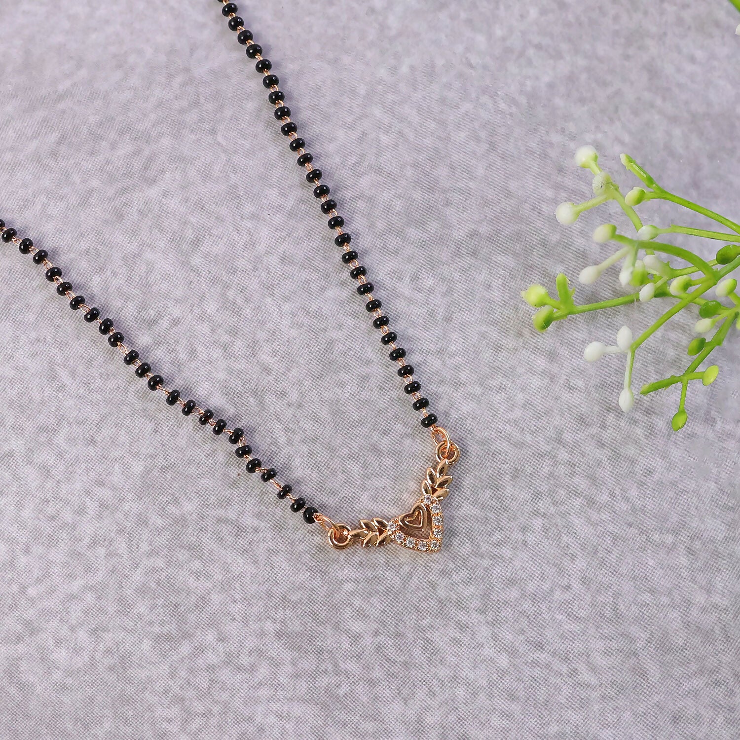 Rose Gold Finish Heart & Wheat Leaf V-Drop CZ Pendant Mangalsutra - Image 4