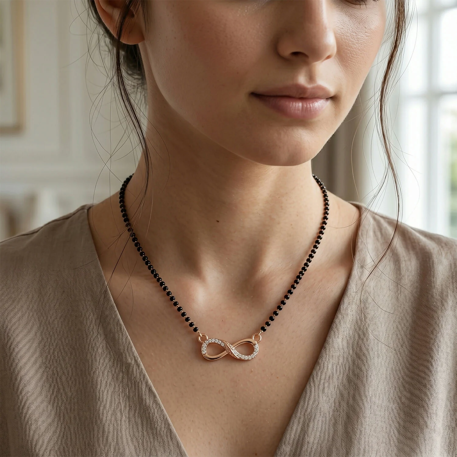 Rose Gold Finish Infinity Symbol CZ Pendant Single Strand Mangalsutra - Image 2