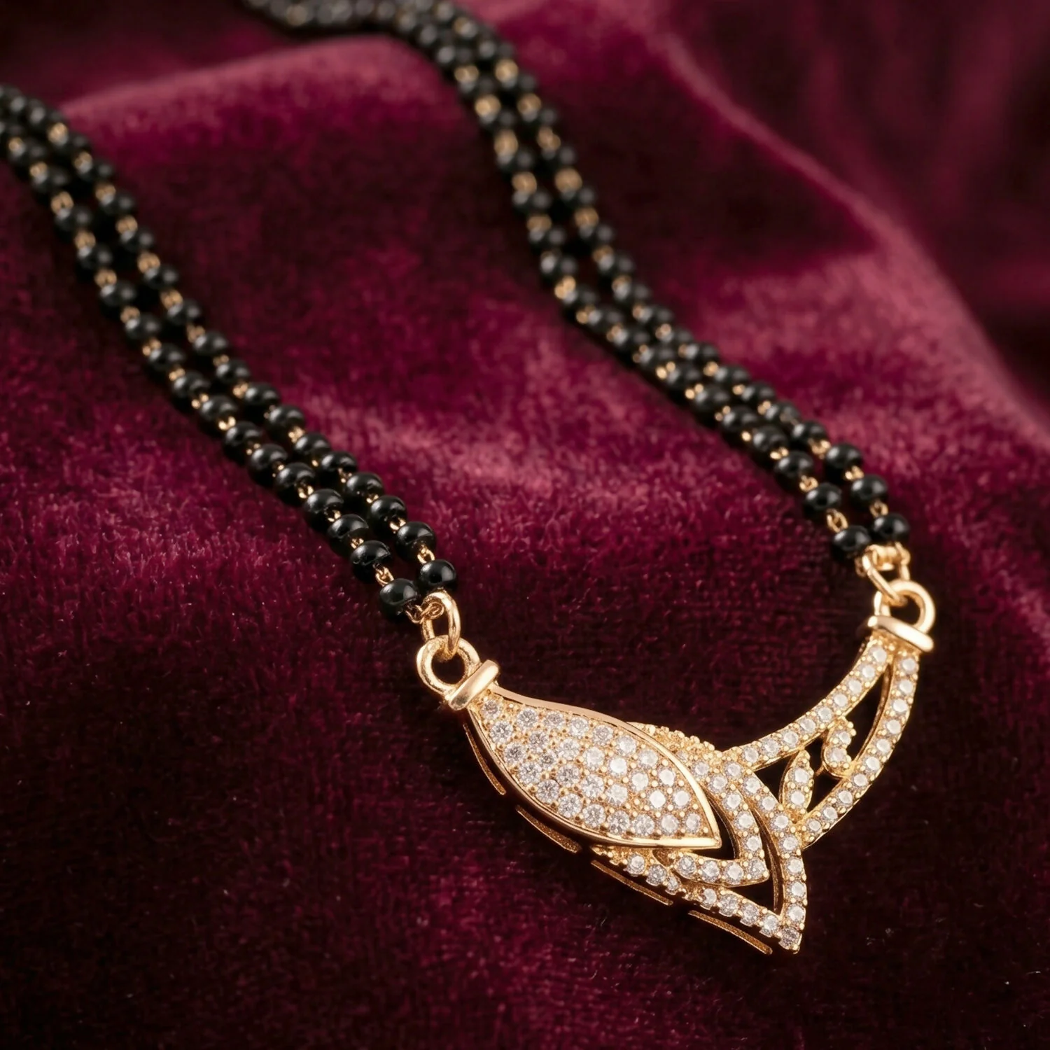 Rose Gold Finish Marquise Eye CZ Pendant with V-Frame Double Strand Mangalsutra - Image 2