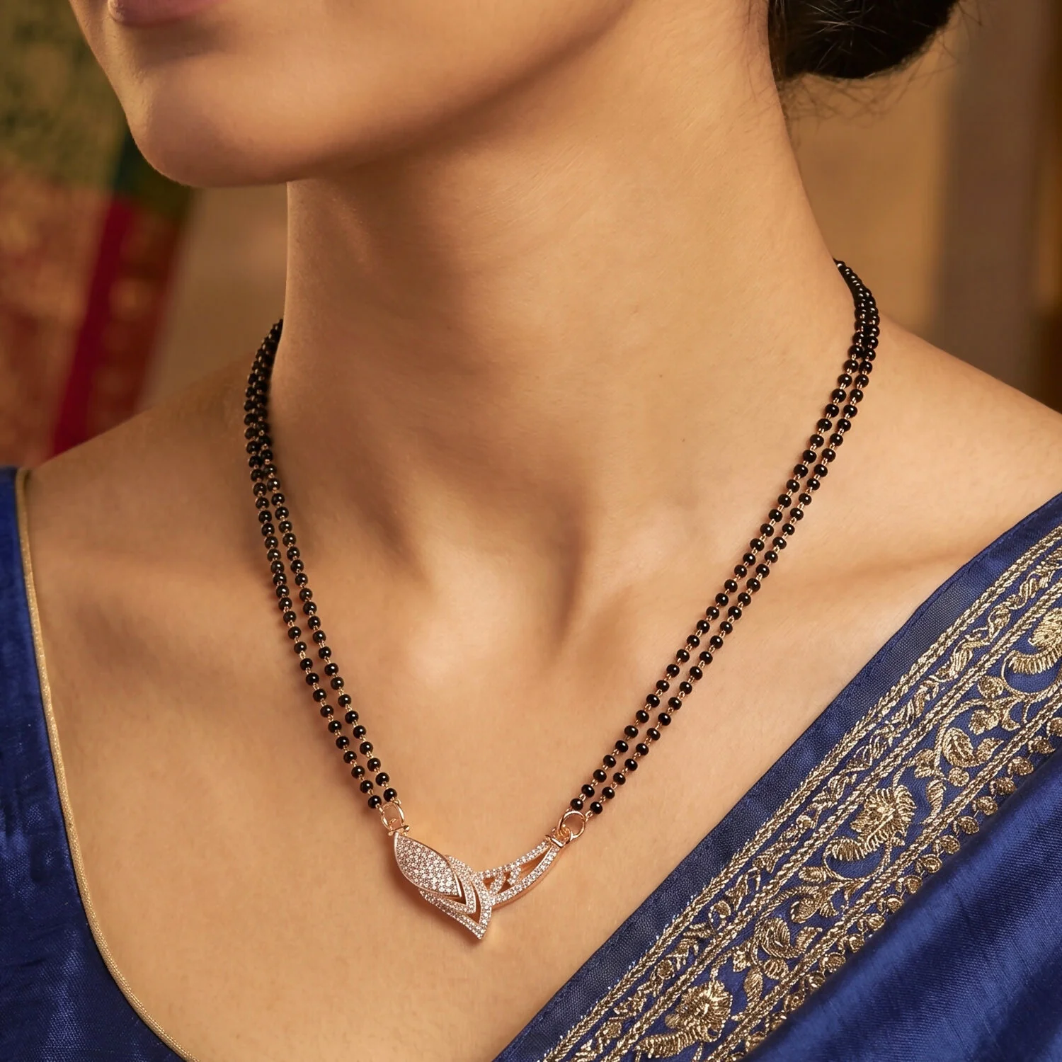 Rose Gold Finish Marquise Eye CZ Pendant with V-Frame Double Strand Mangalsutra - Image 3