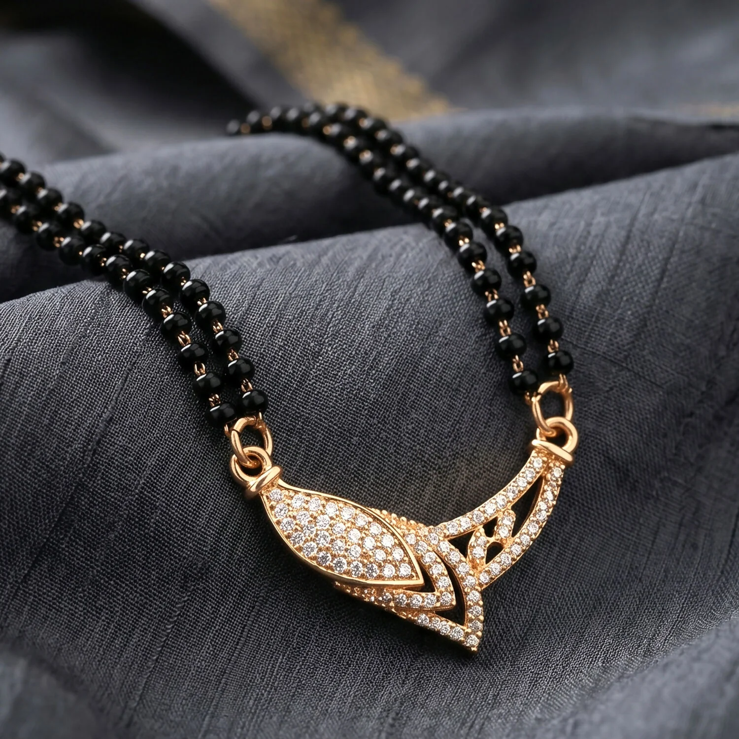 Rose Gold Finish Marquise Eye CZ Pendant with V-Frame Double Strand Mangalsutra - Image 4