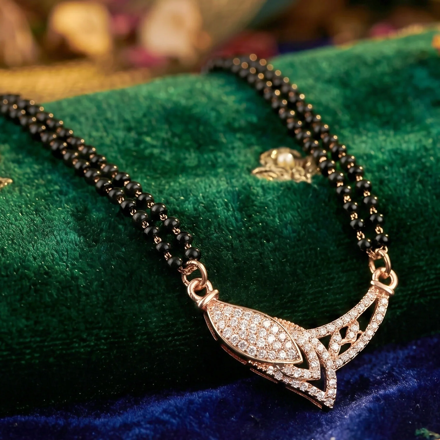 Rose Gold Finish Marquise Eye CZ Pendant with V-Frame Double Strand Mangalsutra - Image 5