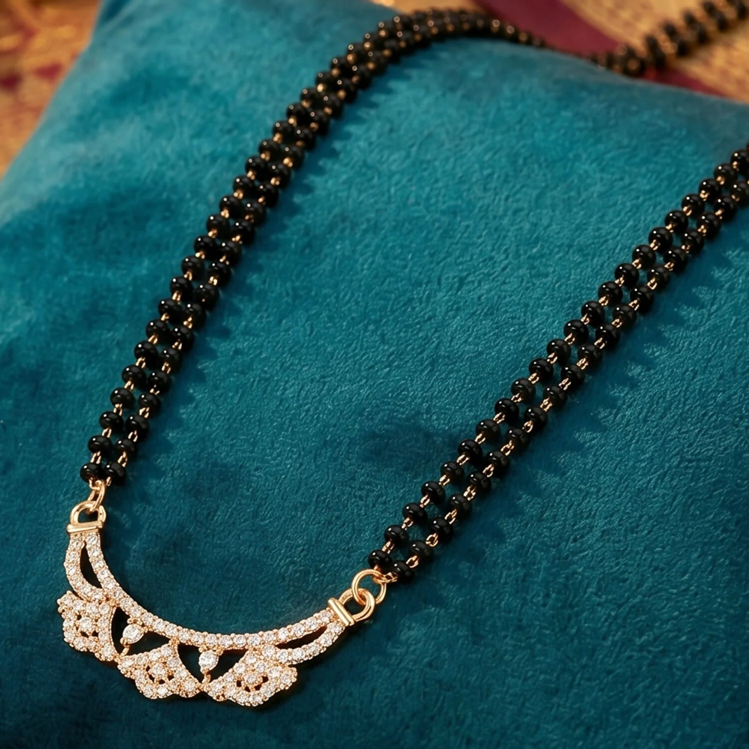 Rose Gold Finish Openwork Floral Petal CZ Pendant Double Strand Mangalsutra - Image 2