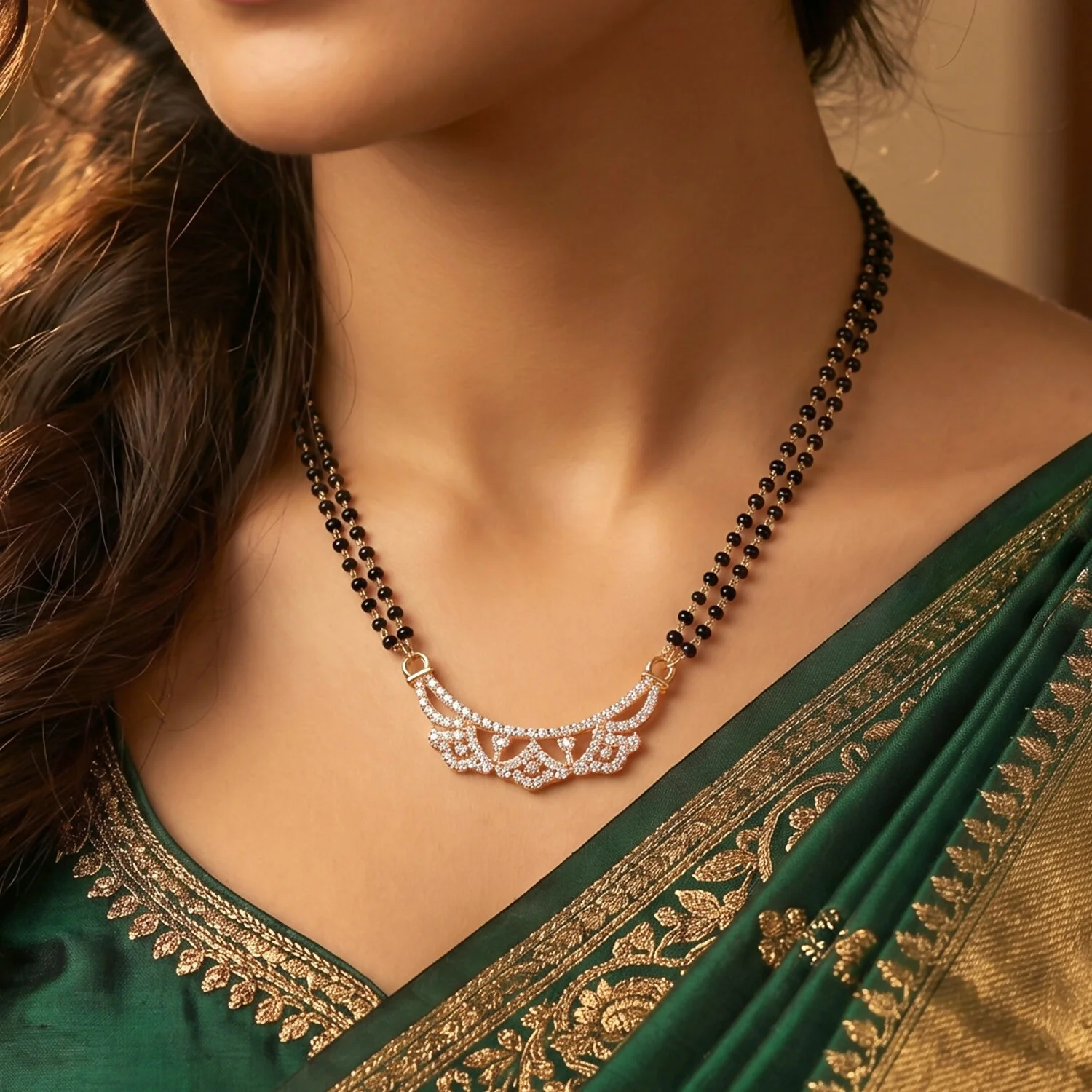 Rose Gold Finish Openwork Floral Petal CZ Pendant Double Strand Mangalsutra - Image 3