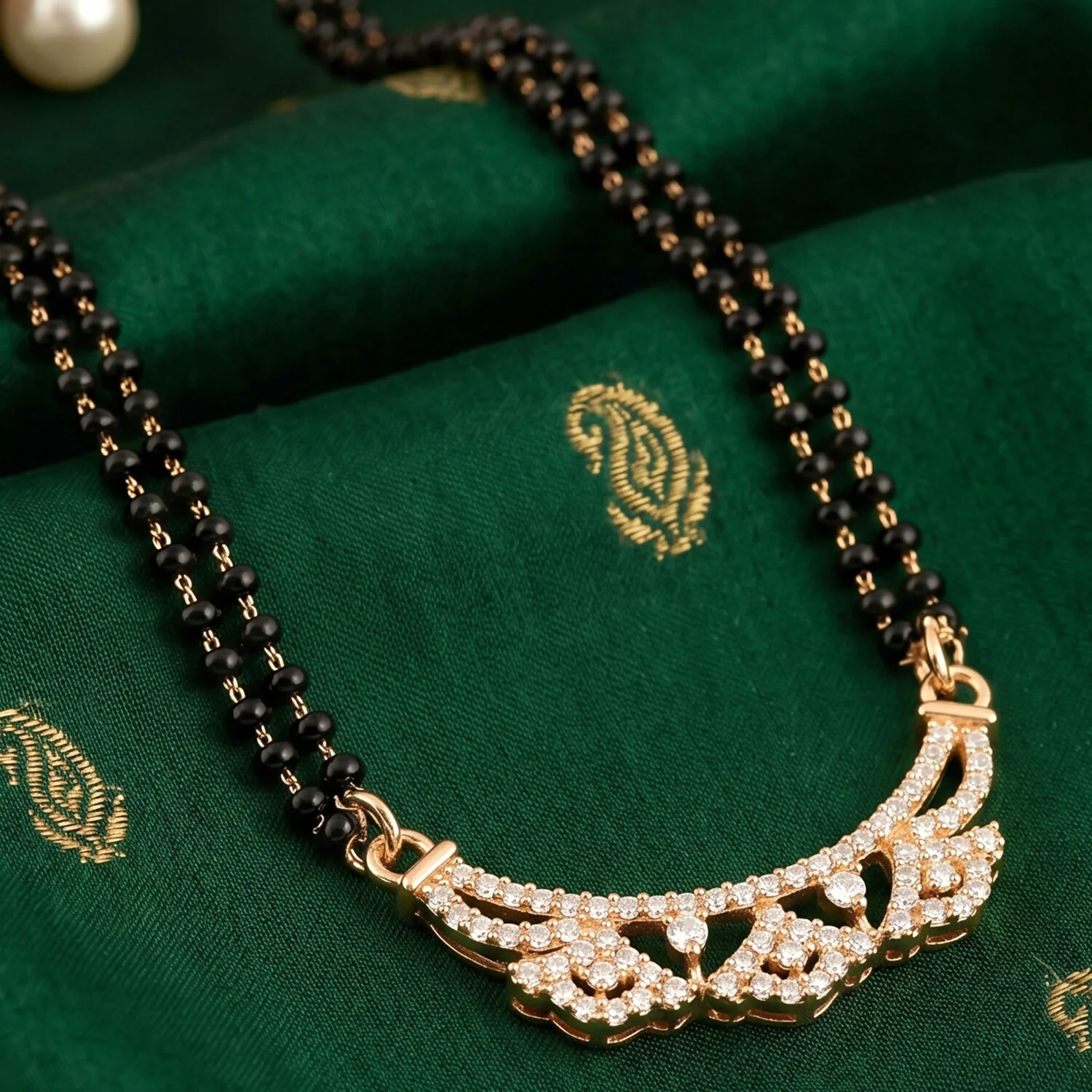 Rose Gold Finish Openwork Floral Petal CZ Pendant Double Strand Mangalsutra - Image 4